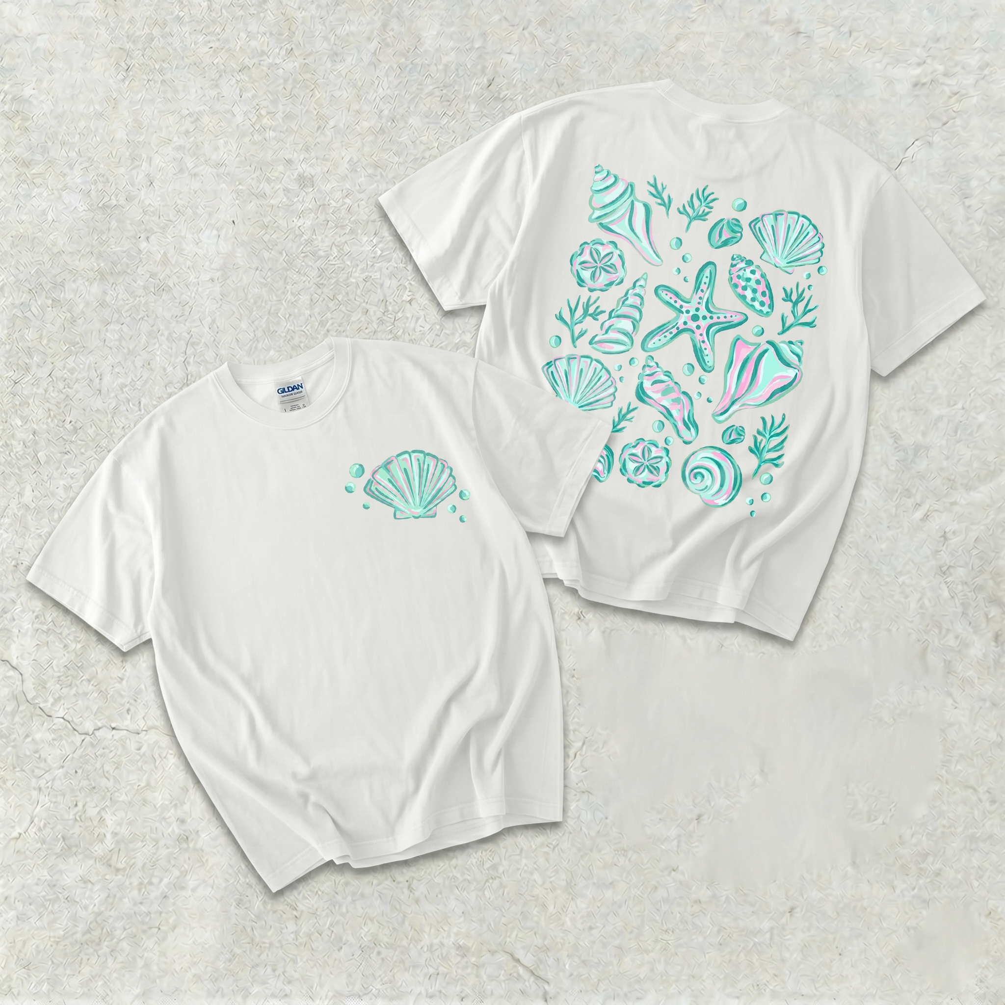 Seashell Girl Trip Graphic Tee T-Shirt For Beachcore Preppy Coastal Aesthetic Cotton Front And Back Coastal Beach Shell Print Vacation Summer Tee Shirt Starfish Top