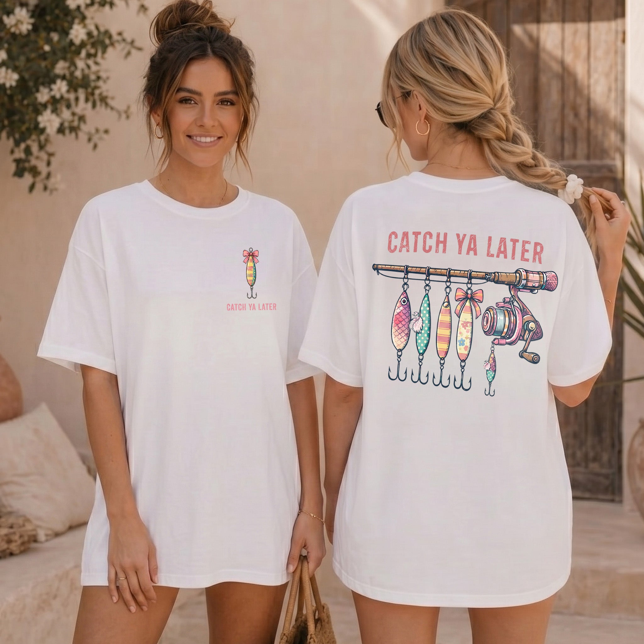 BojjiCo Catcher Ya Later Fishing T-Shirt Cute Catch Ya Later Graphic Tee Coquette Fishing Lures Rod Retro Women Fisherman Gift Trendy Summer Beach Oversized T-Shirt Aesthetic Funny Pink Fishing Rod Bow Shirt