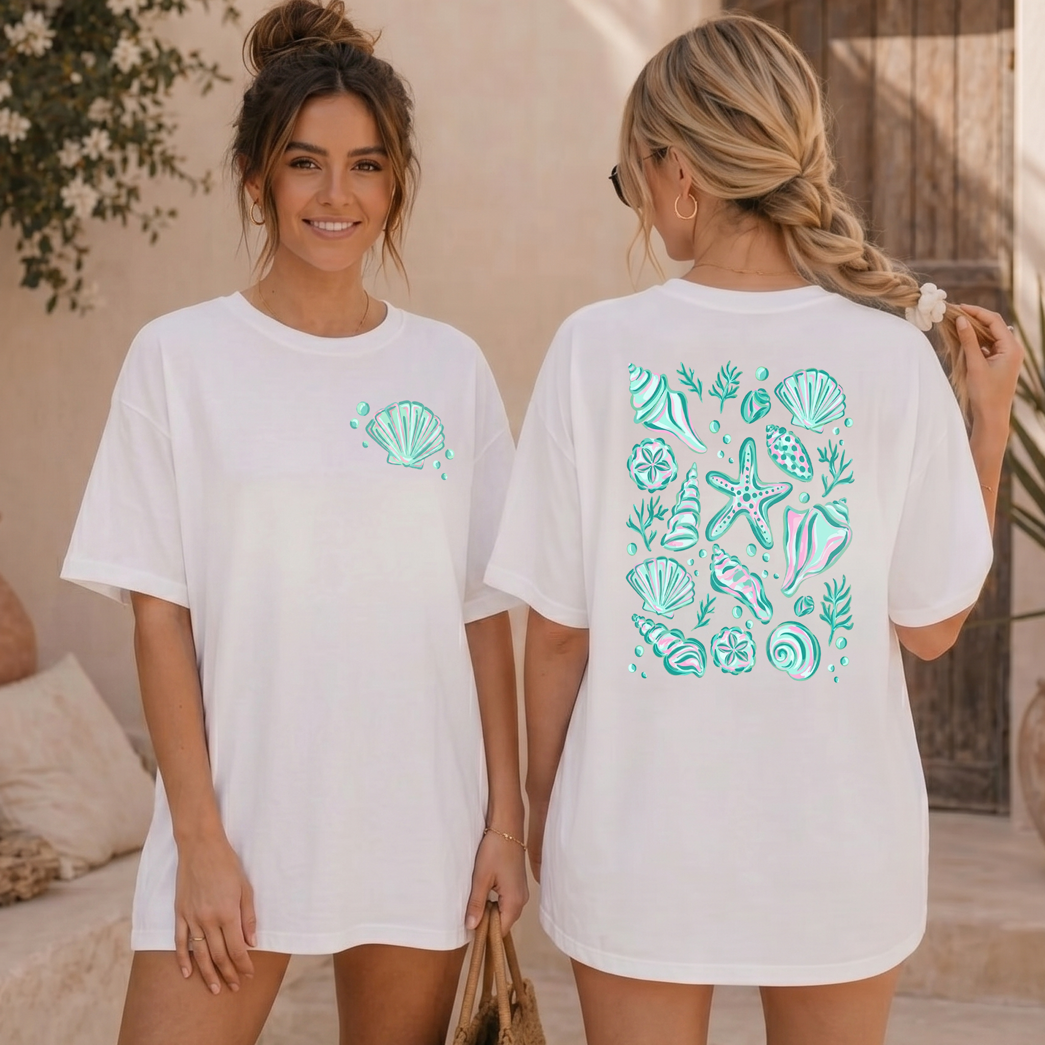 Seashell Girl Trip Graphic Tee T-Shirt For Beachcore Preppy Coastal Aesthetic Cotton Front And Back Coastal Beach Shell Print Vacation Summer Tee Shirt Starfish Top
