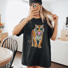 BojjiCo Bubblegum Tiger Heart Sunglasses Oversized Graphic T-Shirt For Women Preppy Retro Street Style Black Cotton Blend Loose Fit Trendy Casual Top All-Season Animal Print Tee Novelty Graphic Shirt Cute Summer Festival Outfit