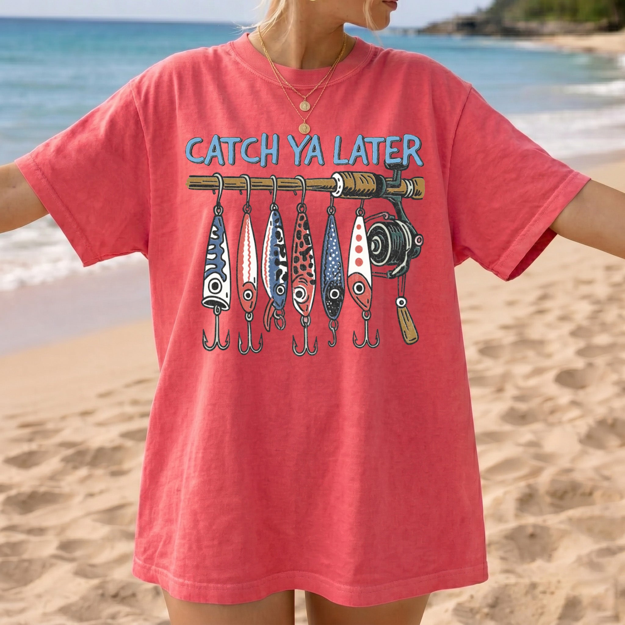 BojjiCo Catch Ya Later Fishing T-Shirt Funny Fishing Lures Graphic Tee Retro Fisherman Gifted Trendy Summer Beach Shirt Oversized Aesthetic Cute Outdoor Fish T-Shirt for Women