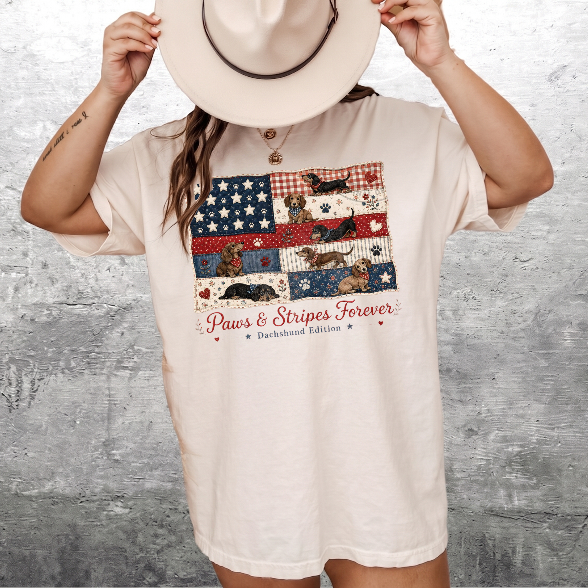 BojjiCo Paws And Stripes Forever Dachshund Edition Graphic T-Shirt For Women And Dog Moms Patriotic Americana Preppy Aesthetic Cream Cotton Tee 4th Of July USA American Flag Wiener Dog Independence Day Summer Humor Gift Shirt