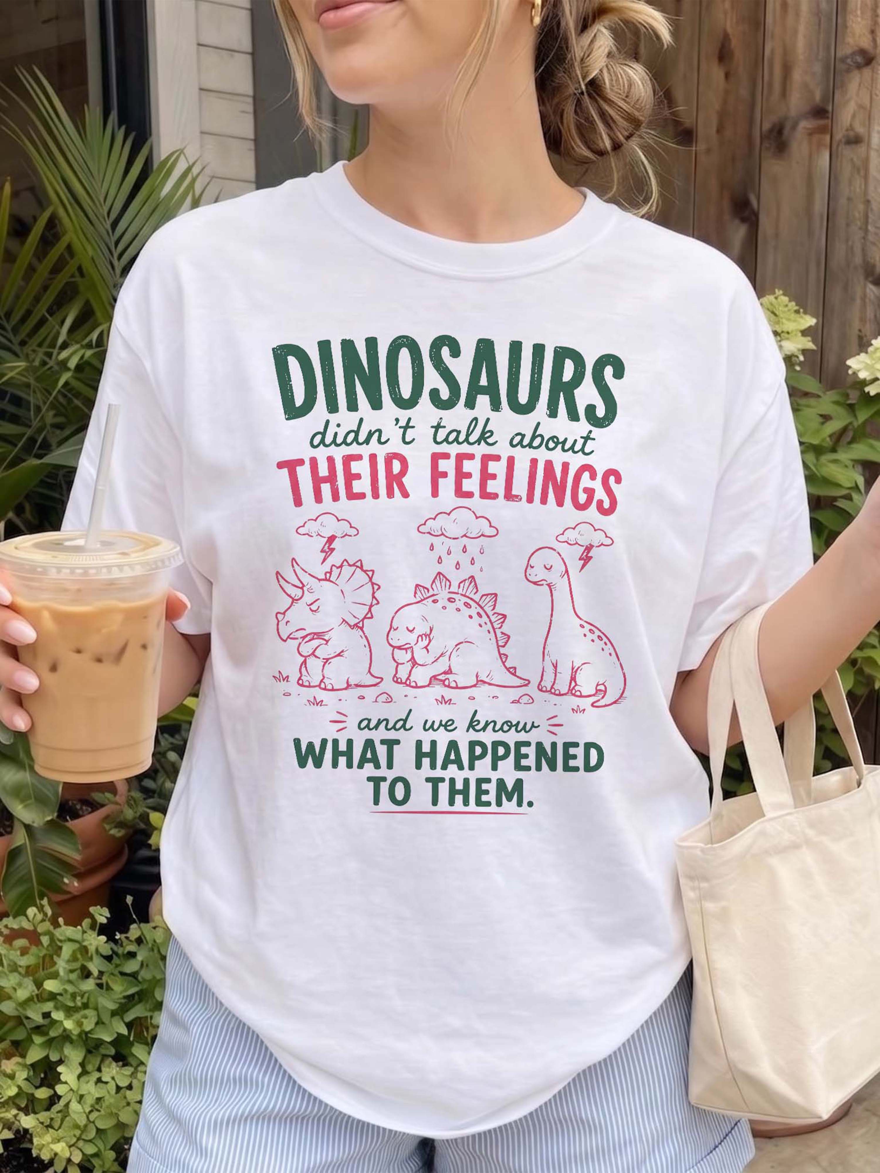 BojjiCo Funny Dinosaurs Didn't Talk About Their Feelings Graphic Tee Oversized T-Shirt for Women Men Retro Mental Health Awareness Mint Green Cotton School Counselor Shirt Social Worker Therapist Back to School Top