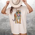 BojjiCo Bubblegum Tiger Heart Sunglasses Oversized Graphic T-Shirt For Women Preppy Retro Street Style Black Cotton Blend Loose Fit Trendy Casual Top All-Season Animal Print Tee Novelty Graphic Shirt Cute Summer Festival Outfit