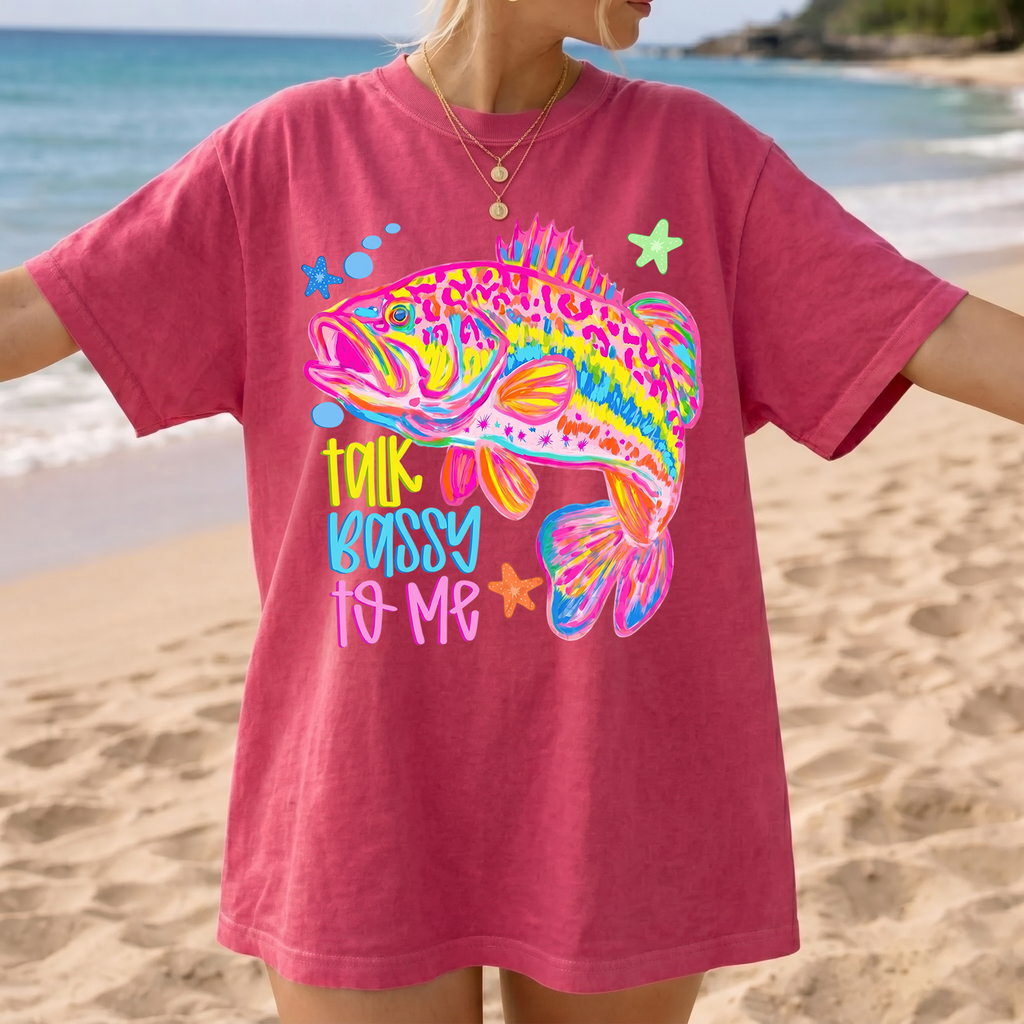 BojjiCo Talk Bassy To Me Meme Bass Fishing Shirt Neon Bass Fish Sublimation Tee Funny Fishing Graphic Beach Vacation T-Shirt Preppy Colorful Fish T-Shirt Design Trendy Fishing Oversized Top