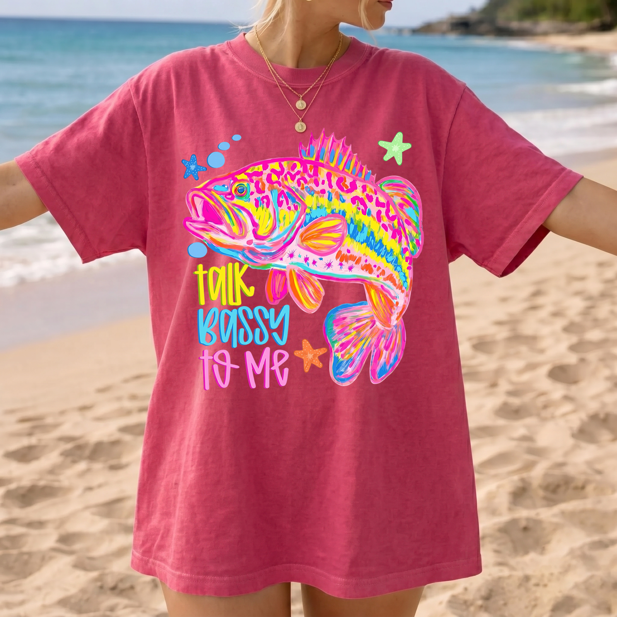 BojjiCo Talk Bassy To Me Meme Bass Fishing Shirt Neon Bass Fish Sublimation Tee Funny Fishing Graphic Beach Vacation T-Shirt Preppy Colorful Fish T-Shirt Design Trendy Fishing Oversized Top