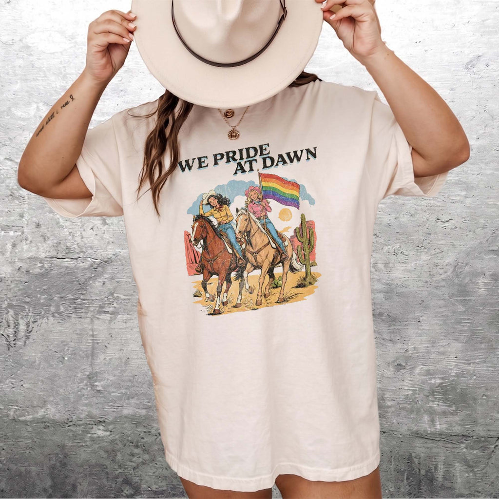 BojjiCo We Pride At Dawn T-Shirt Vintage Western Cowgirl Horse Riding Graphic Tee LGBTQ Rainbow Flag Pride Month Desert Cactus Cream Ivory TShirt Retro Southern Country Gay Lesbian Ally Gift Women Men Casual Aesthetic Short Sleeve Top