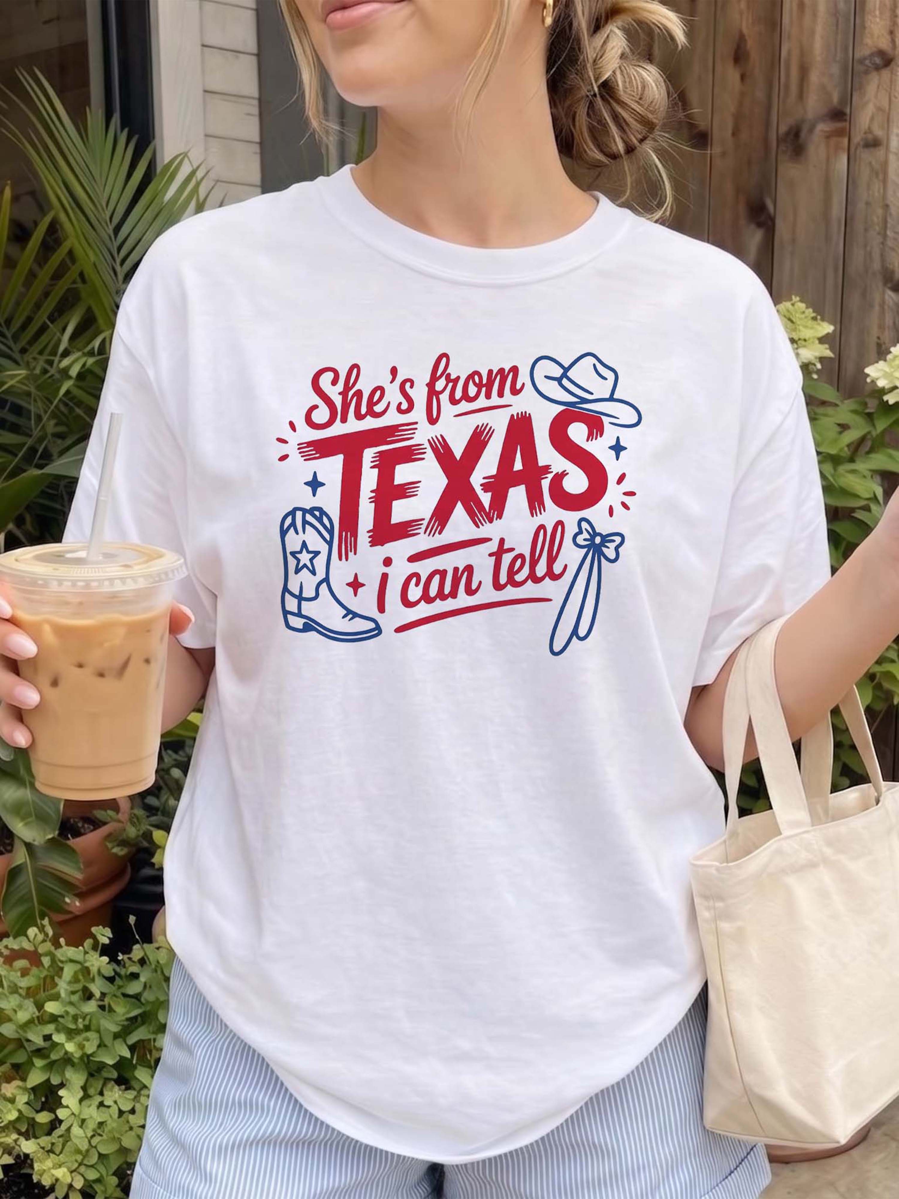 BojjiCo She's From Texas I Can Tell Graphic T-Shirt For Women Western Cowgirl Coquette Aesthetic Southern Pride Light Blue Cotton Tee Country Music Concert Outfit Rodeo Tops Retro Texas Girl Hometown Vibes Apparel Summer
