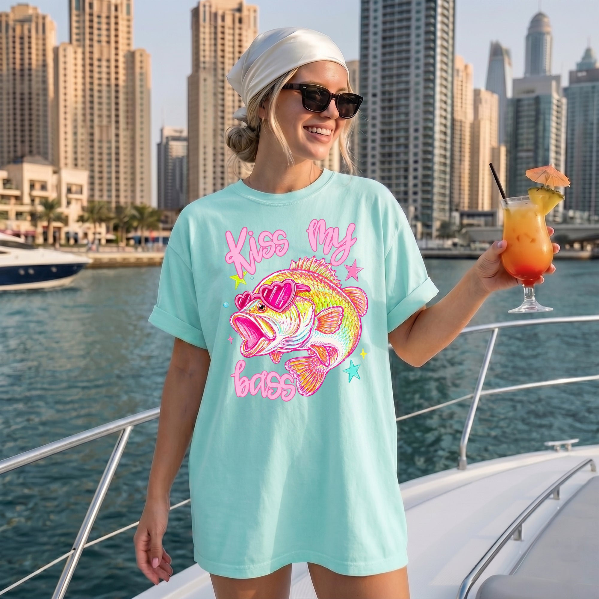 BojjiCo Kiss My Bass Graphic T-Shirt Unisex Y2K Preppy Retro Coquette Aesthetic Light Blue Cotton Blend Tee Pink Heart Sunglasses Fish Design Vintage Style Fisher Apparel Birthday Gift For Anglers Summer Outdoors Vacation Wear