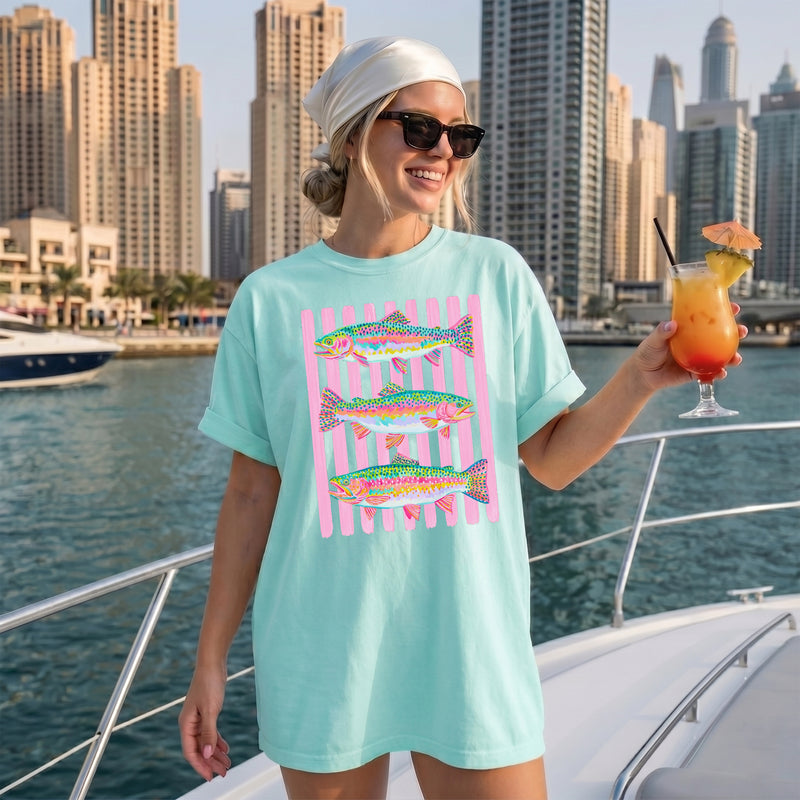 BojjiCo Preppy Summer Rainbow Trout Fishing Graphic T-Shirt for Women Oversized Coastal Beach Retro Fish Shirt Bright Pastel Mint Cotton Tee Maximalist Outdoor Girls Fish Too Apparel Trendy Summer Vacation Outfit Top