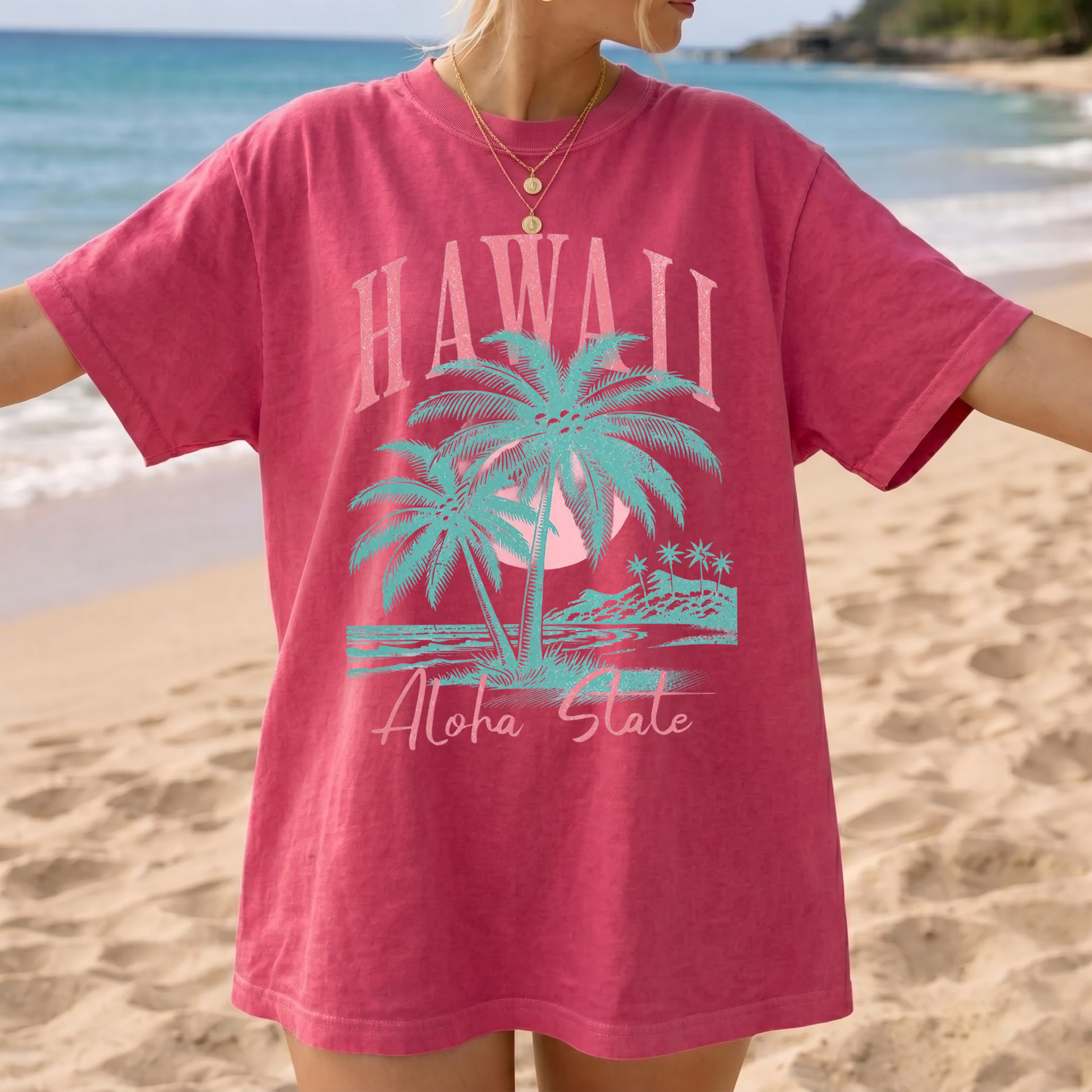 BojjiCo Hawaii Shirt Aloha State Shirt Trendy Summer Tees Retro Summer Shirt Hawaiian Shirt Cute Coconut Tree Top Beach Tee Beach Lover Gifted Graphic T-Shirt Oversized Aesthetic Pastel Top