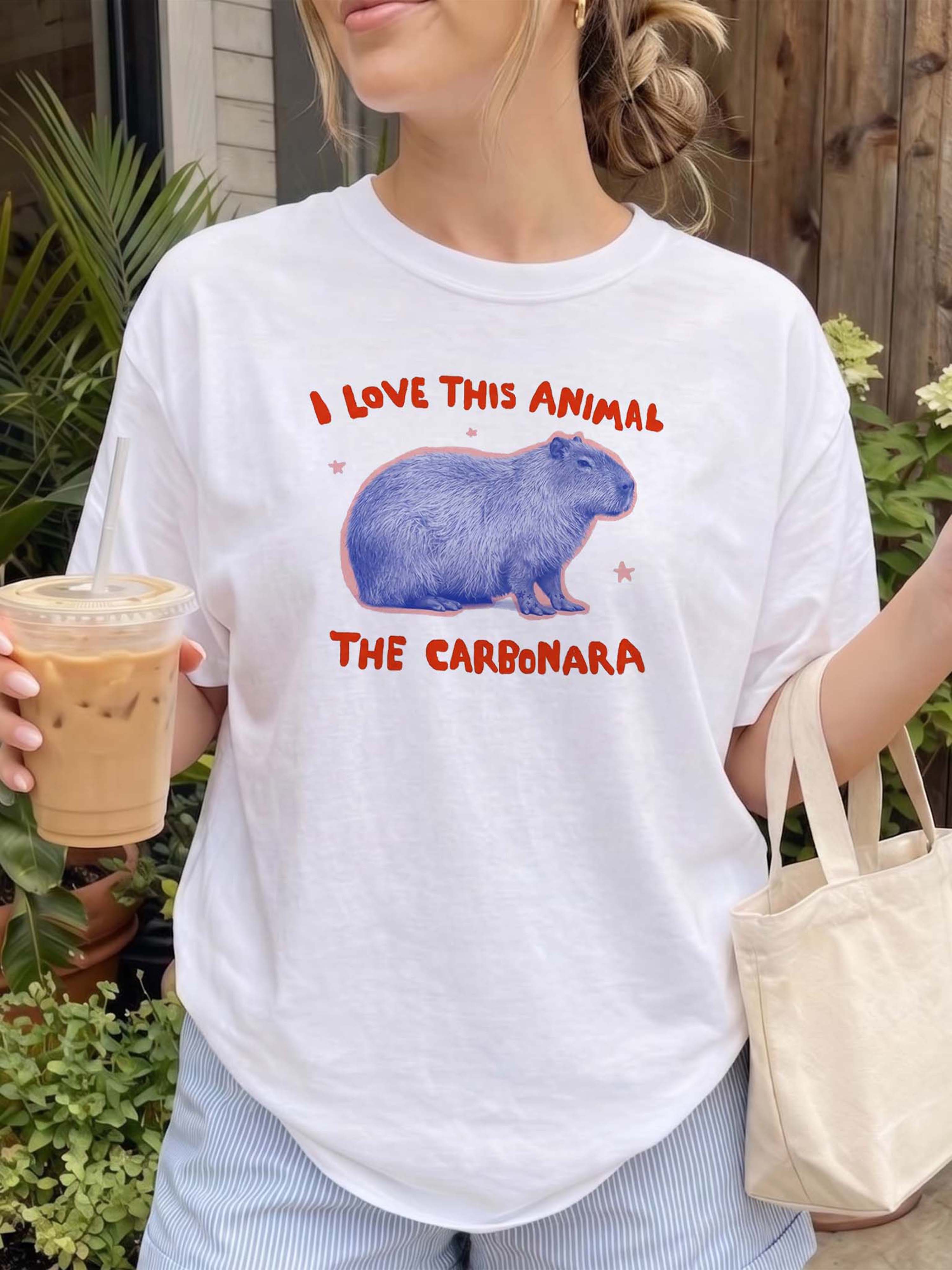 BojjiCo I Love This Animal The Carbonara Funny Capybara Meme Unisex T-Shirt For Gen Z Men Women Y2K Aesthetic White Heavy Cotton Casual Top Vintage Retro Animal Lover Graphic Tee Cryptid Comedy Viral Clothing Gift