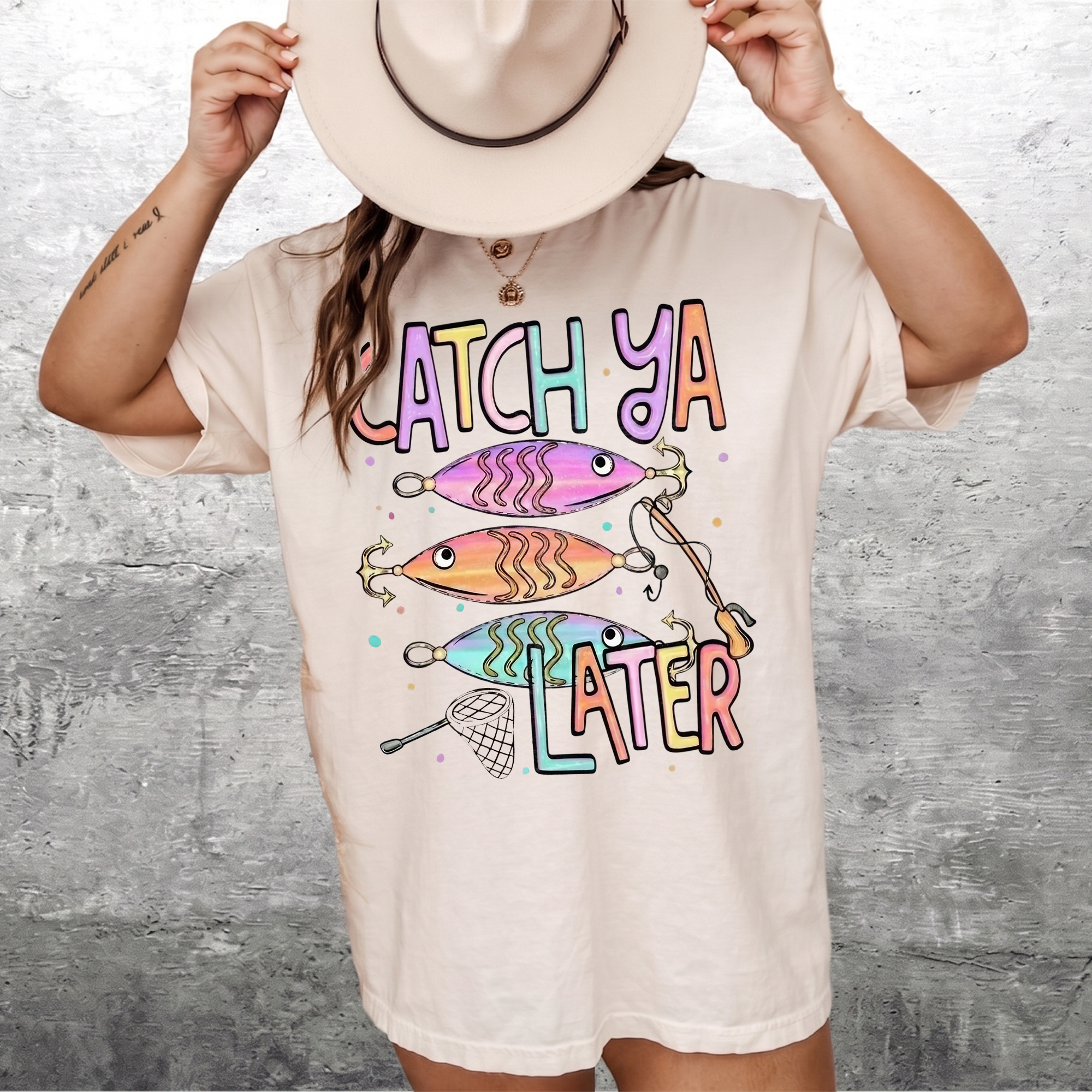 BojjiCo Catch Ya Later Fishing Shirt Pastel Fishing Summer Fishing Shirt Design Graphic Tee Preppy Coastal Lake Stripes Design Summer Vacation Aesthetic T-Shirt for Women Cute Outdoors Lake Life Clothing