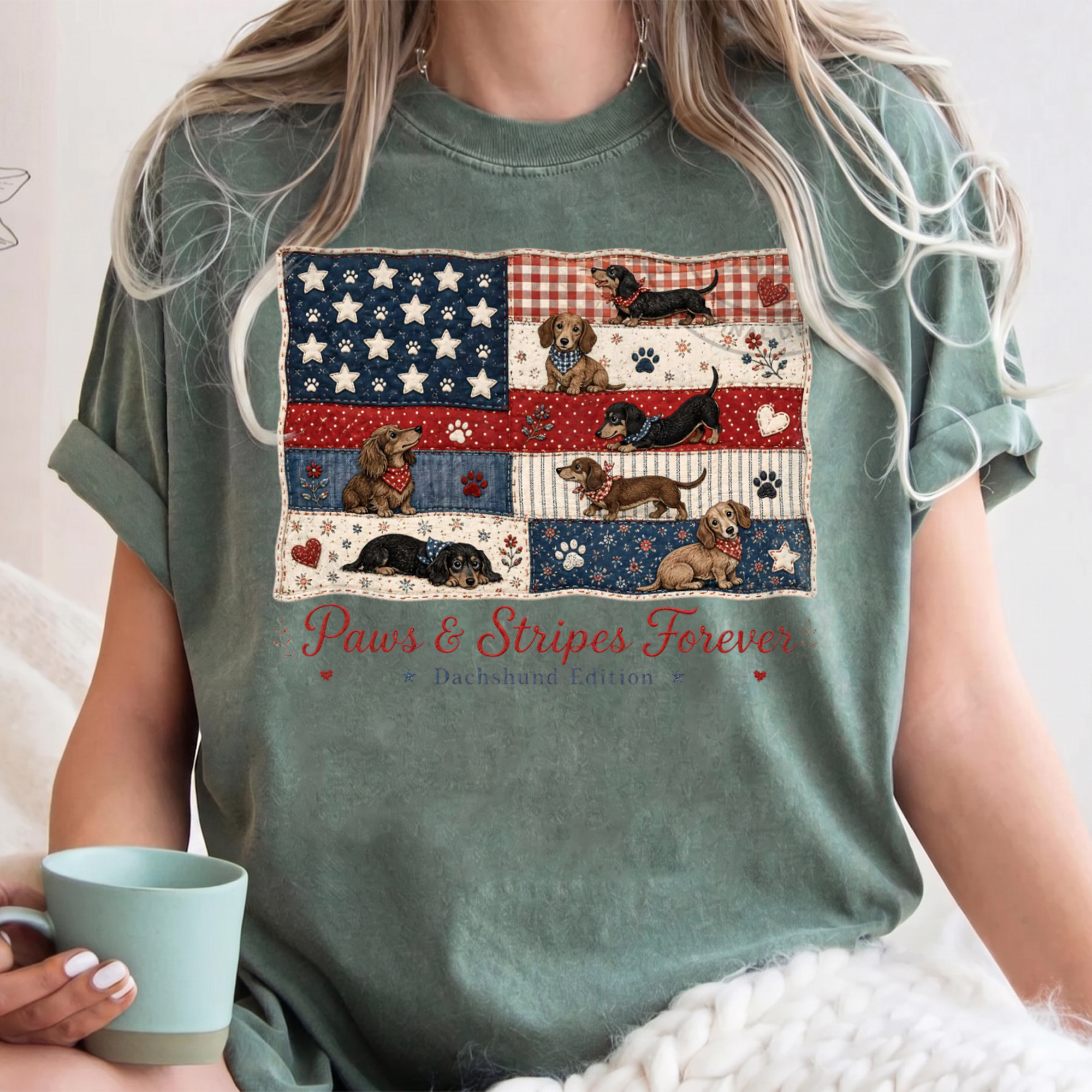BojjiCo Paws And Stripes Forever Dachshund Edition Graphic T-Shirt For Women And Dog Moms Patriotic Americana Preppy Aesthetic Cream Cotton Tee 4th Of July USA American Flag Wiener Dog Independence Day Summer Humor Gift Shirt