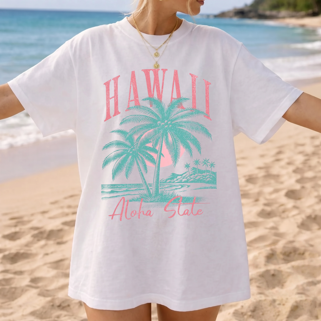 BojjiCo Hawaii Shirt Aloha State Shirt Trendy Summer Tees Retro Summer Shirt Hawaiian Shirt Cute Coconut Tree Top Beach Tee Beach Lover Gifted Graphic T-Shirt Oversized Aesthetic Pastel Top