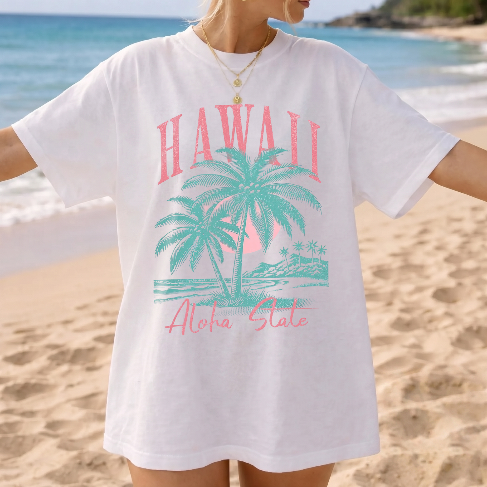BojjiCo Hawaii Shirt Aloha State Shirt Trendy Summer Tees Retro Summer Shirt Hawaiian Shirt Cute Coconut Tree Top Beach Tee Beach Lover Gifted Graphic T-Shirt Oversized Aesthetic Pastel Top