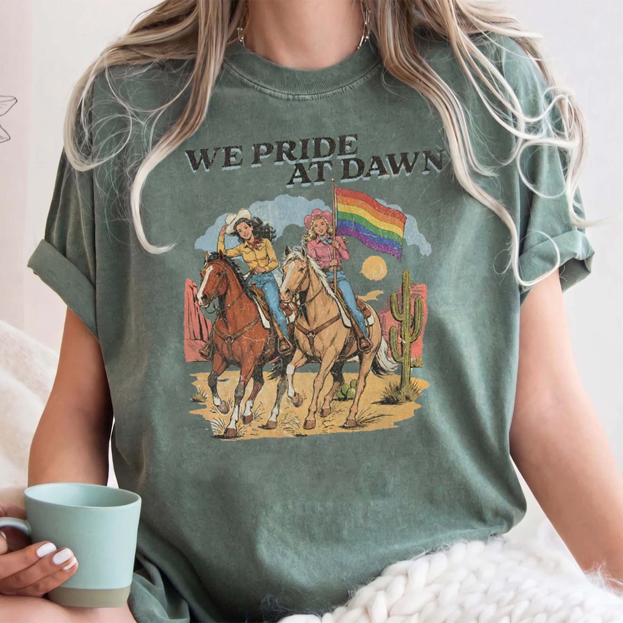 BojjiCo We Pride At Dawn T-Shirt Vintage Western Cowgirl Horse Riding Graphic Tee LGBTQ Rainbow Flag Pride Month Desert Cactus Cream Ivory TShirt Retro Southern Country Gay Lesbian Ally Gift Women Men Casual Aesthetic Short Sleeve Top