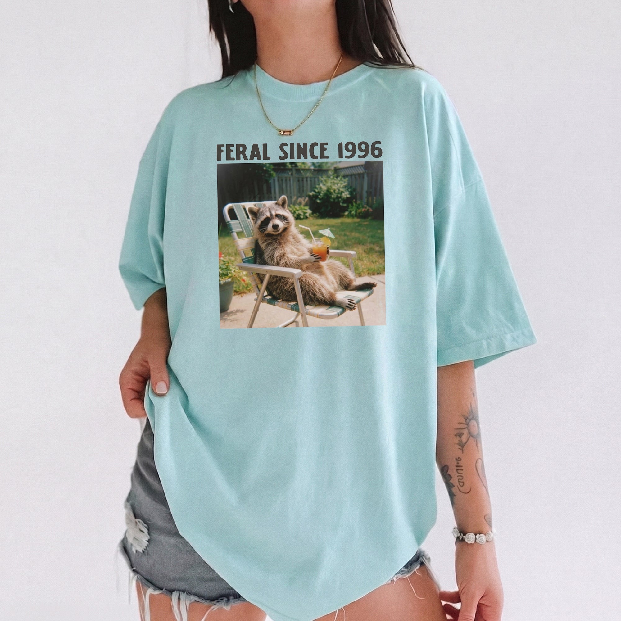 BojjiCo Funny Feral Since 1996 Raccoon Meme T-Shirt For Men Women Retro 90s Y2K Aesthetic Beige Heavyweight Cotton Oversized Tee Trash Panda Graphic Top Mental Health Humor Apparel Raccoon Trendy Gift Shirt