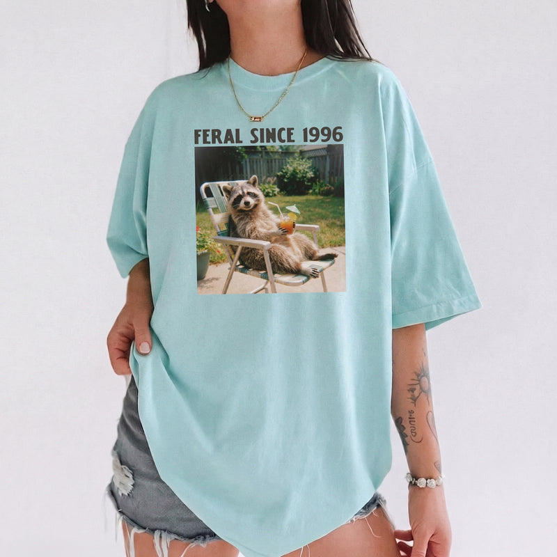 BojjiCo Funny Feral Since 1996 Raccoon Meme T-Shirt For Men Women Retro 90s Y2K Aesthetic Beige Heavyweight Cotton Oversized Tee Trash Panda Graphic Top Mental Health Humor Apparel Raccoon Trendy Gift Shirt