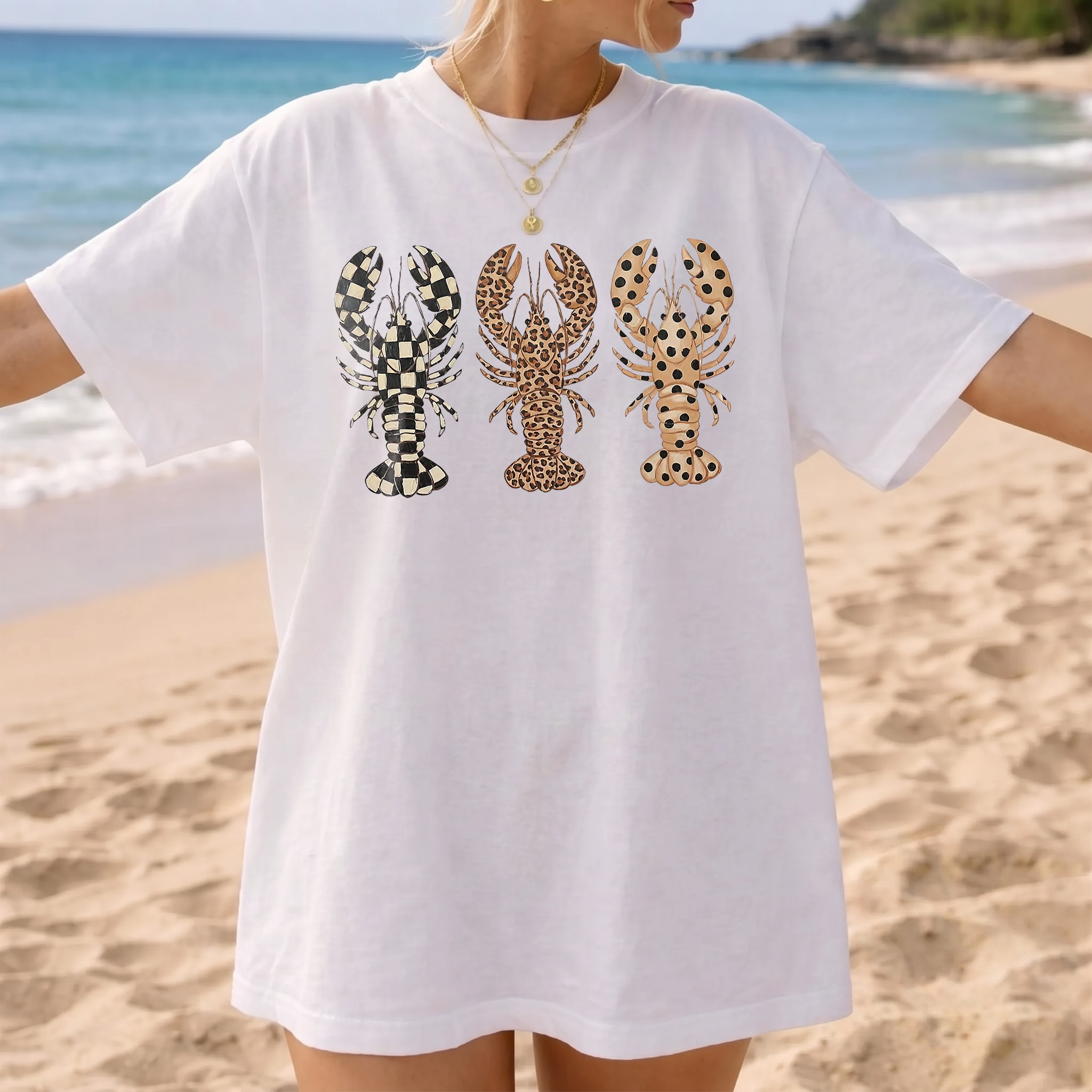 Preppy Patterned Lobster Graphic Tee T-Shirt Coastal Grandmother Beachy Aesthetic Summer Vacation Breathable Blend Oversized Fit Short Sleeve Top Leopard Checkerboard Polka Dot Print