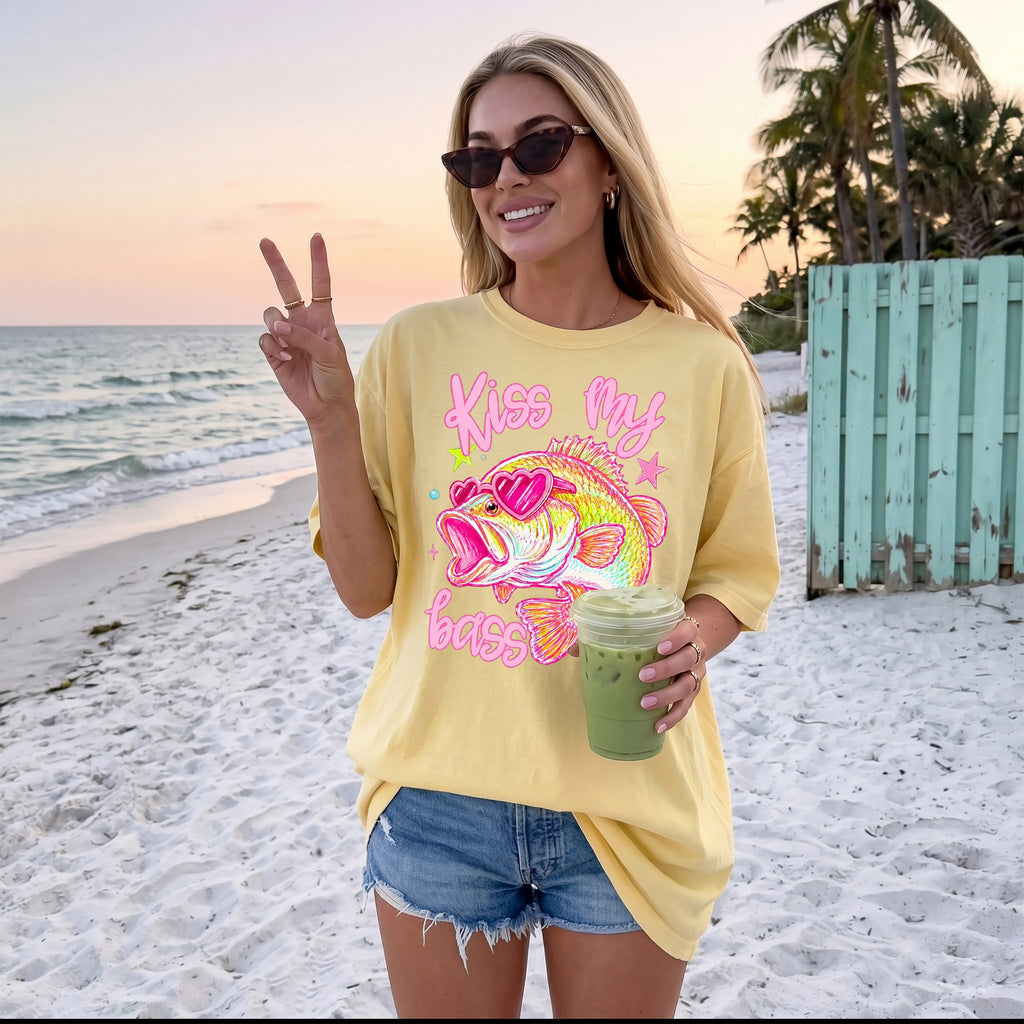 BojjiCo Kiss My Bass Graphic T-Shirt Unisex Y2K Preppy Retro Coquette Aesthetic Light Blue Cotton Blend Tee Pink Heart Sunglasses Fish Design Vintage Style Fisher Apparel Birthday Gift For Anglers Summer Outdoors Vacation Wear