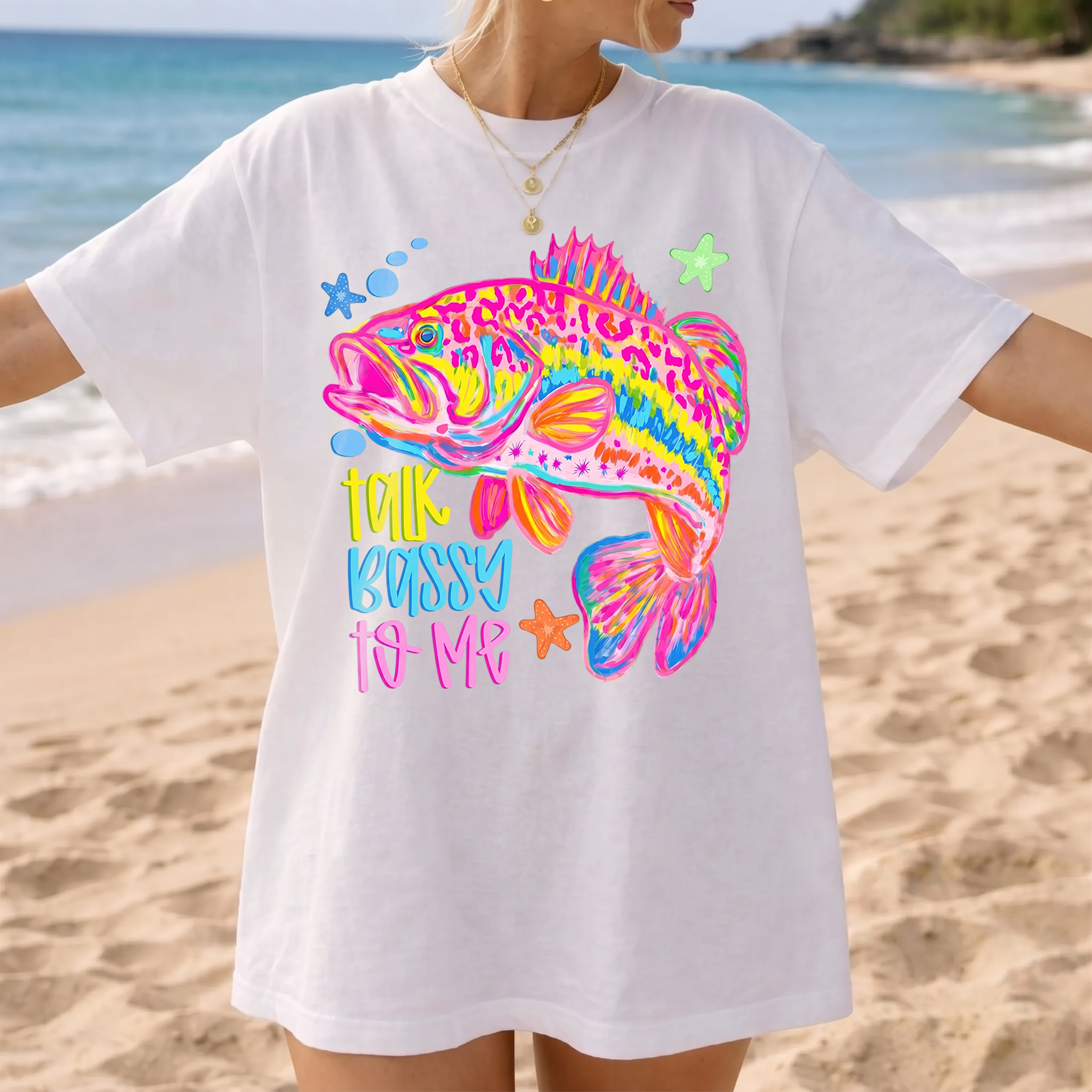 BojjiCo Talk Bassy To Me Meme Bass Fishing Shirt Neon Bass Fish Sublimation Tee Funny Fishing Graphic Beach Vacation T-Shirt Preppy Colorful Fish T-Shirt Design Trendy Fishing Oversized Top