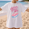 Whatever Floats Your Boat T-Shirt Graphic Tee Preppy Coastal Summer Oversized Fit Short Sleeve Crewneck T-Shirt Pink Blue Pontoon Boat Design Lake Days Vacation Top Floats Your Boat Graphic Top