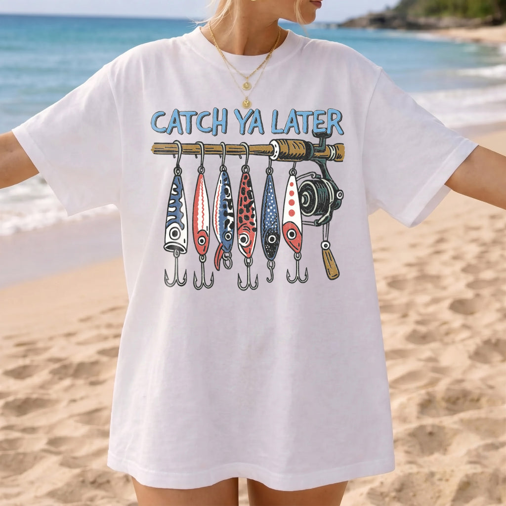 BojjiCo Catch Ya Later Fishing T-Shirt Funny Fishing Lures Graphic Tee Retro Fisherman Gifted Trendy Summer Beach Shirt Oversized Aesthetic Cute Outdoor Fish T-Shirt for Women