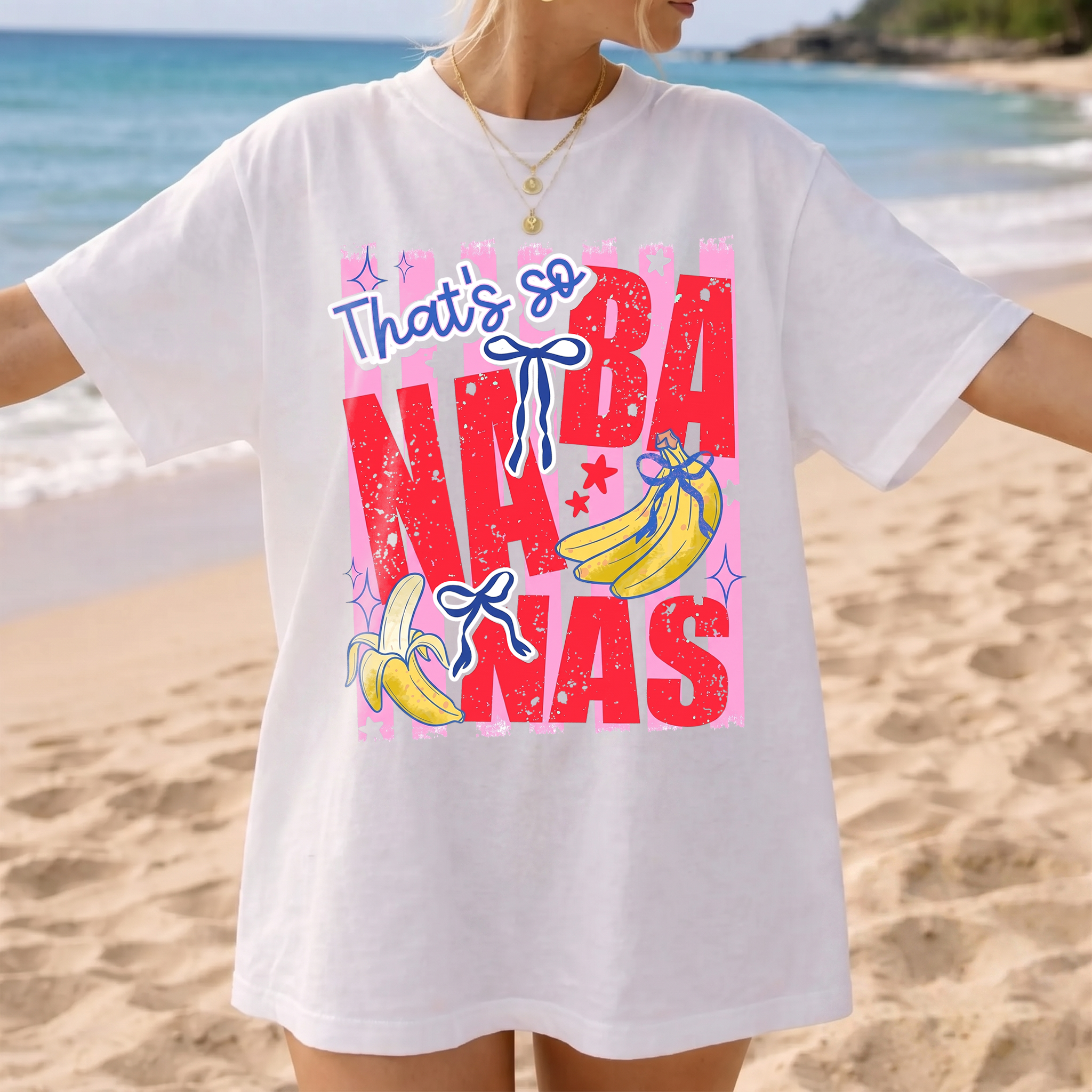BojjiCo That's So Banana Summer Coquette Bow Graphic T-Shirt Cute Pink Yellow Aesthetic Oversized Tee For Women Trendy Summer Beach Vacation Outfit Y2K Casual Short Sleeve White Cotton Top Girls