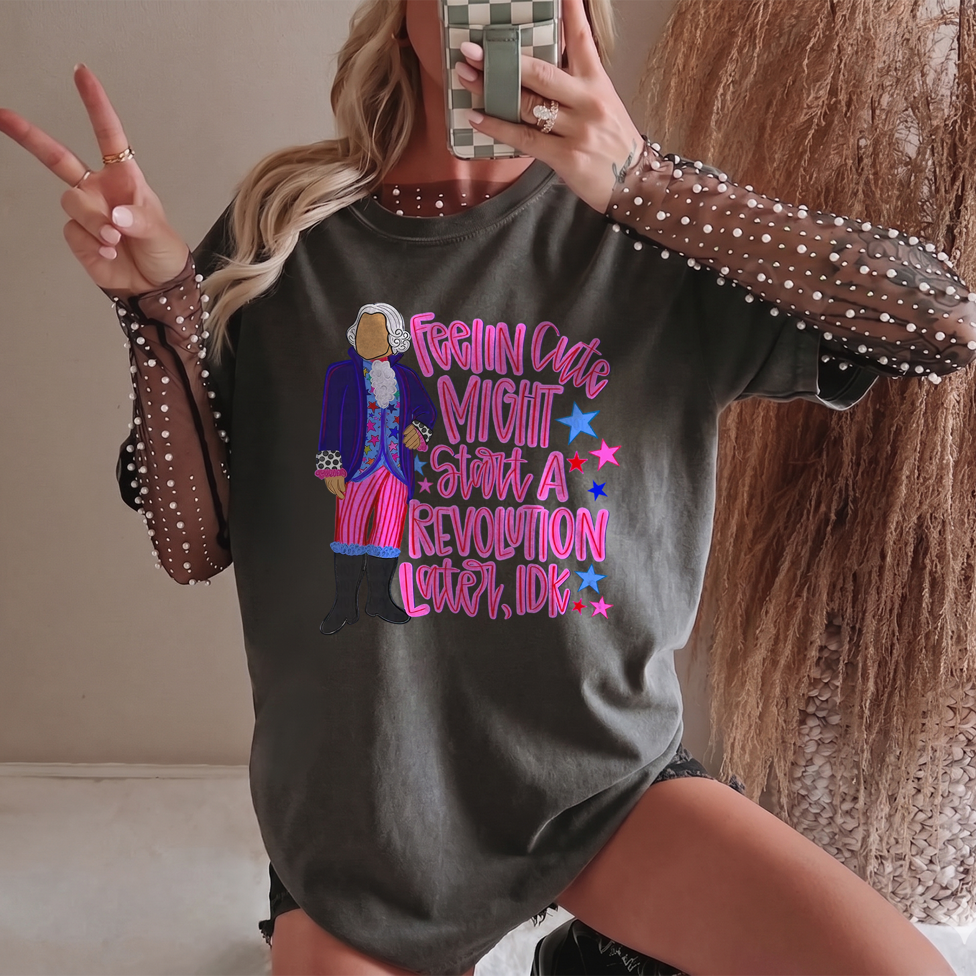 Start A Revolution Graphic T-Shirt Preppy Americana 4th of July Humor 250th Anniversary Shirt Aesthetic Crewneck Tee Pink Purple Blue Print Feelin Cute Might Start A Revolution Later IDK Funny Historical Meme Saying Tops
