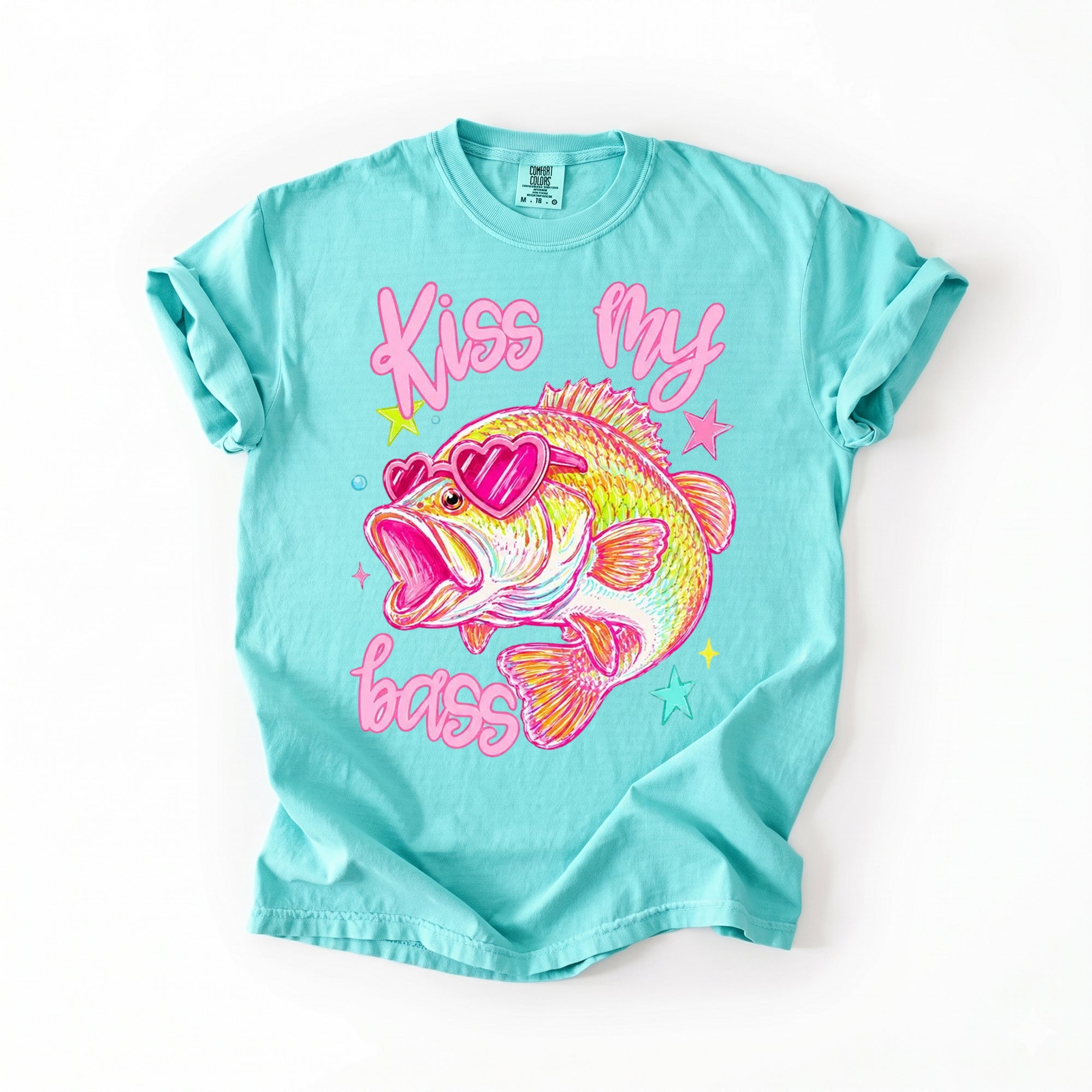 BojjiCo Kiss My Bass Graphic T-Shirt Unisex Y2K Preppy Retro Coquette Aesthetic Light Blue Cotton Blend Tee Pink Heart Sunglasses Fish Design Vintage Style Fisher Apparel Birthday Gift For Anglers Summer Outdoors Vacation Wear