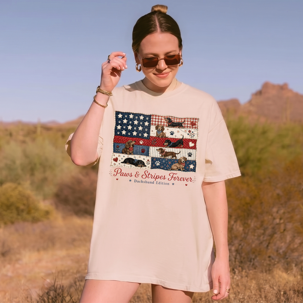 BojjiCo Paws And Stripes Forever Dachshund Edition Graphic T-Shirt For Women And Dog Moms Patriotic Americana Preppy Aesthetic Cream Cotton Tee 4th Of July USA American Flag Wiener Dog Independence Day Summer Humor Gift Shirt