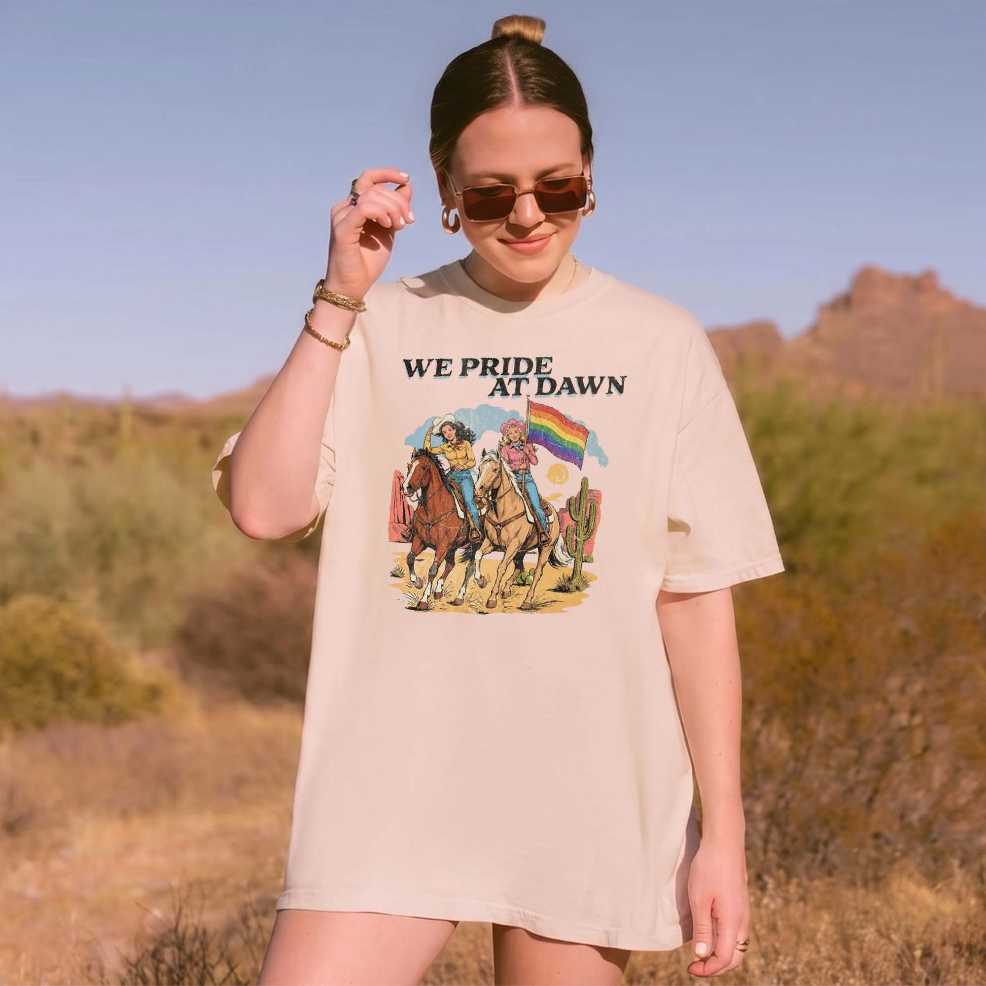 BojjiCo We Pride At Dawn T-Shirt Vintage Western Cowgirl Horse Riding Graphic Tee LGBTQ Rainbow Flag Pride Month Desert Cactus Cream Ivory TShirt Retro Southern Country Gay Lesbian Ally Gift Women Men Casual Aesthetic Short Sleeve Top