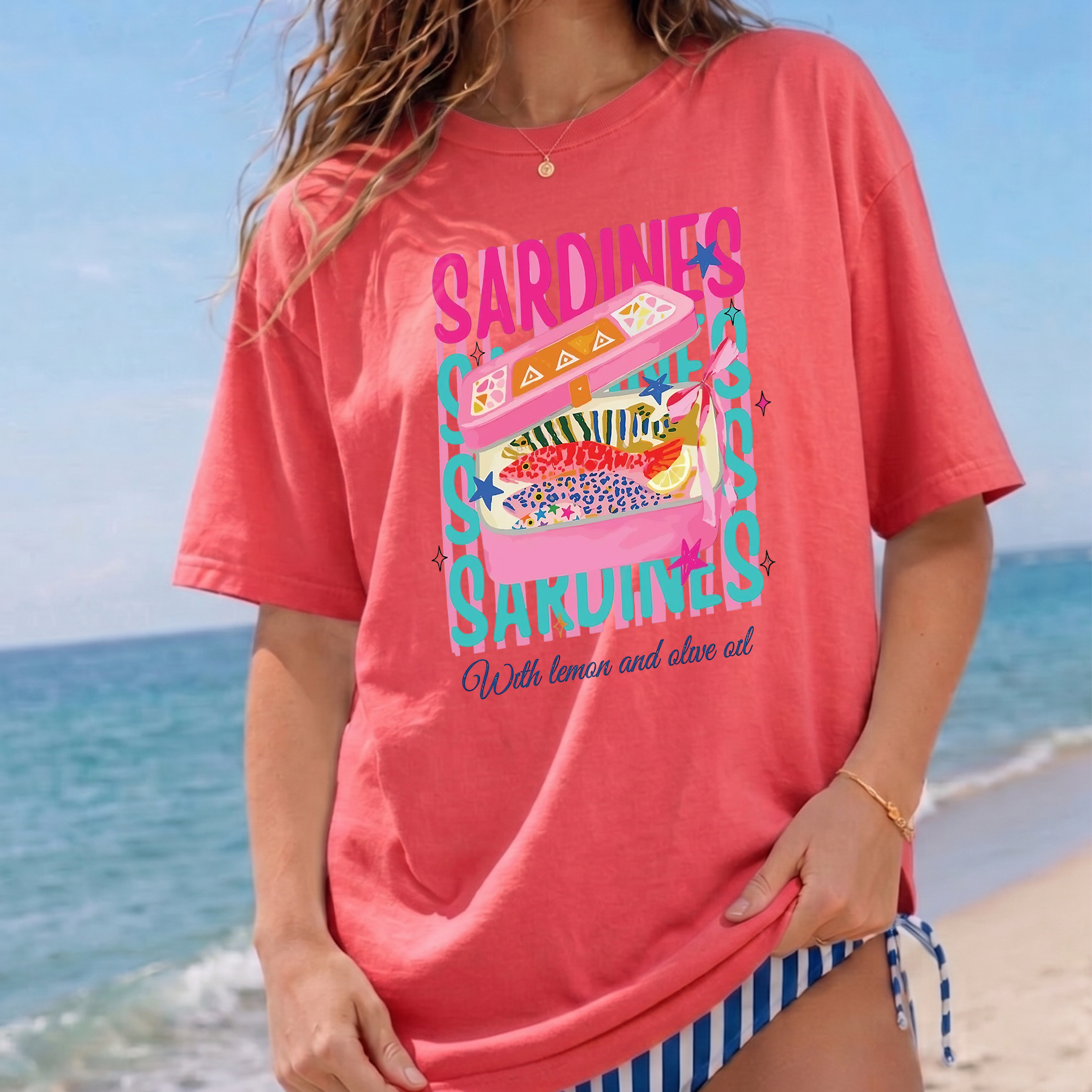Sardines With Lemon And Olive Oil Graphic T-Shirt Oversized Graphic Tee For European Summer Quirky Coastal Preppy Aesthetic Mediterranean Vibes Light Yellow Cotton Blend Pink Blue Print Vintage Tinned Fish Fashion Beach Cover Up Retro Food Shirt