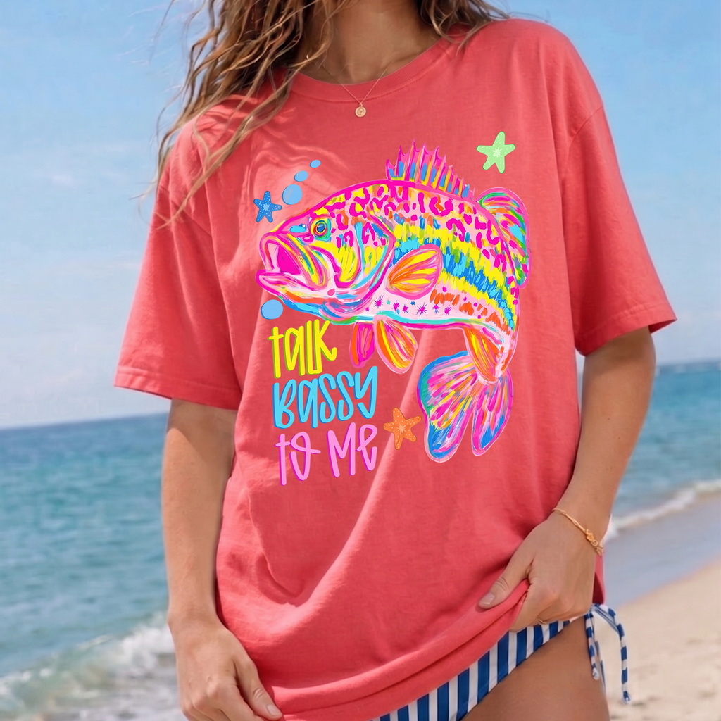 BojjiCo Talk Bassy To Me Meme Bass Fishing Shirt Neon Bass Fish Sublimation Tee Funny Fishing Graphic Beach Vacation T-Shirt Preppy Colorful Fish T-Shirt Design Trendy Fishing Oversized Top