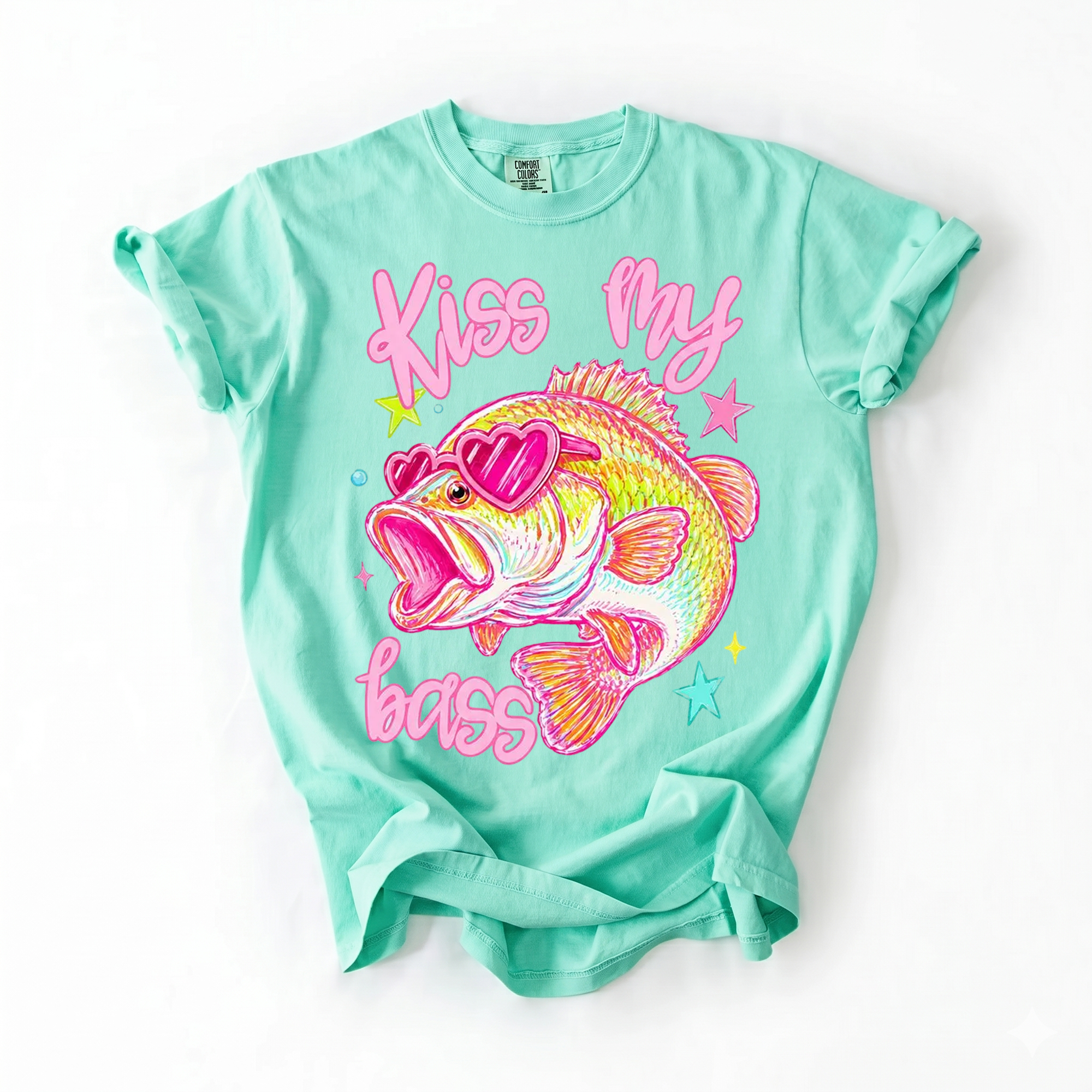 BojjiCo Kiss My Bass Graphic T-Shirt Unisex Y2K Preppy Retro Coquette Aesthetic Light Blue Cotton Blend Tee Pink Heart Sunglasses Fish Design Vintage Style Fisher Apparel Birthday Gift For Anglers Summer Outdoors Vacation Wear