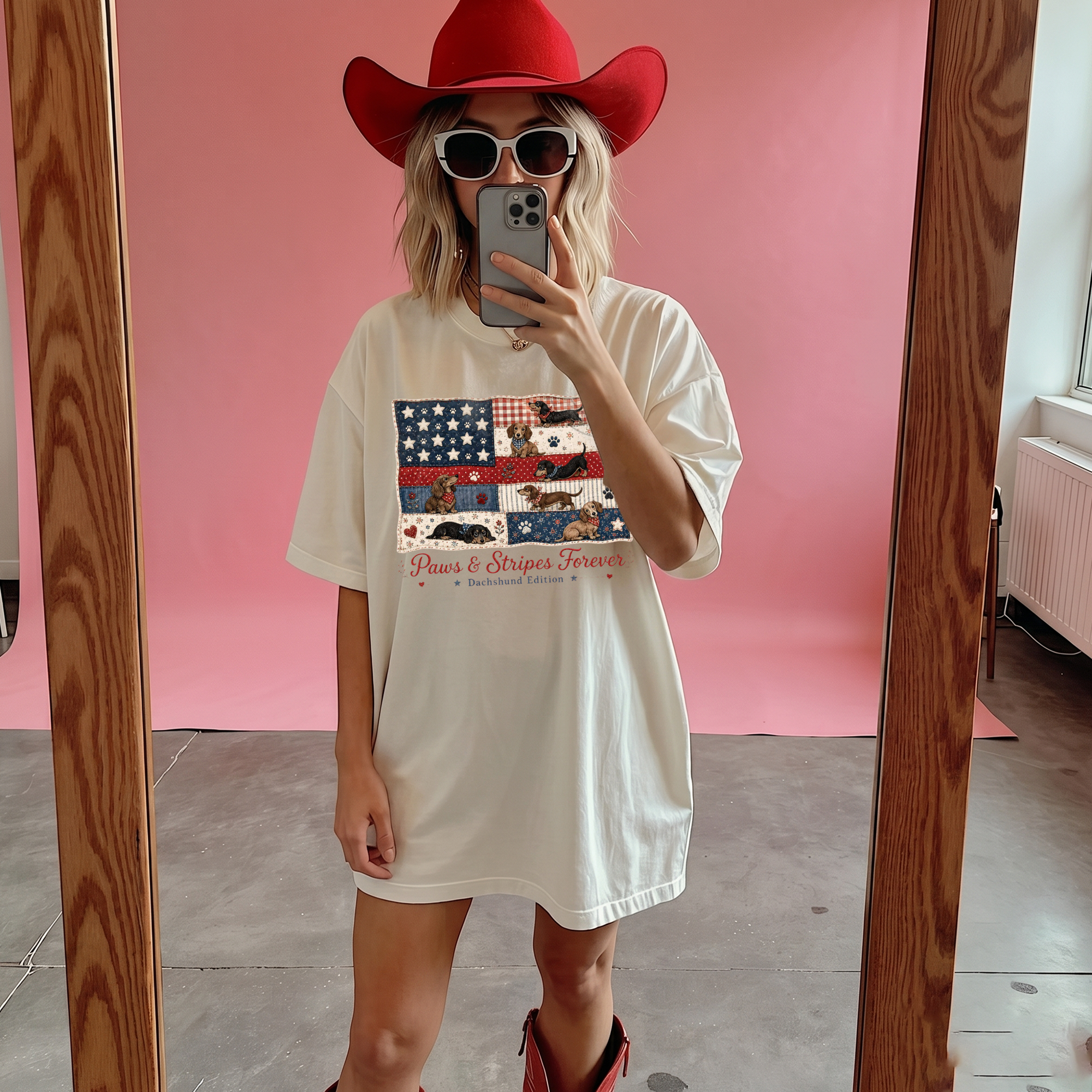 BojjiCo Paws And Stripes Forever Dachshund Edition Graphic T-Shirt For Women And Dog Moms Patriotic Americana Preppy Aesthetic Cream Cotton Tee 4th Of July USA American Flag Wiener Dog Independence Day Summer Humor Gift Shirt