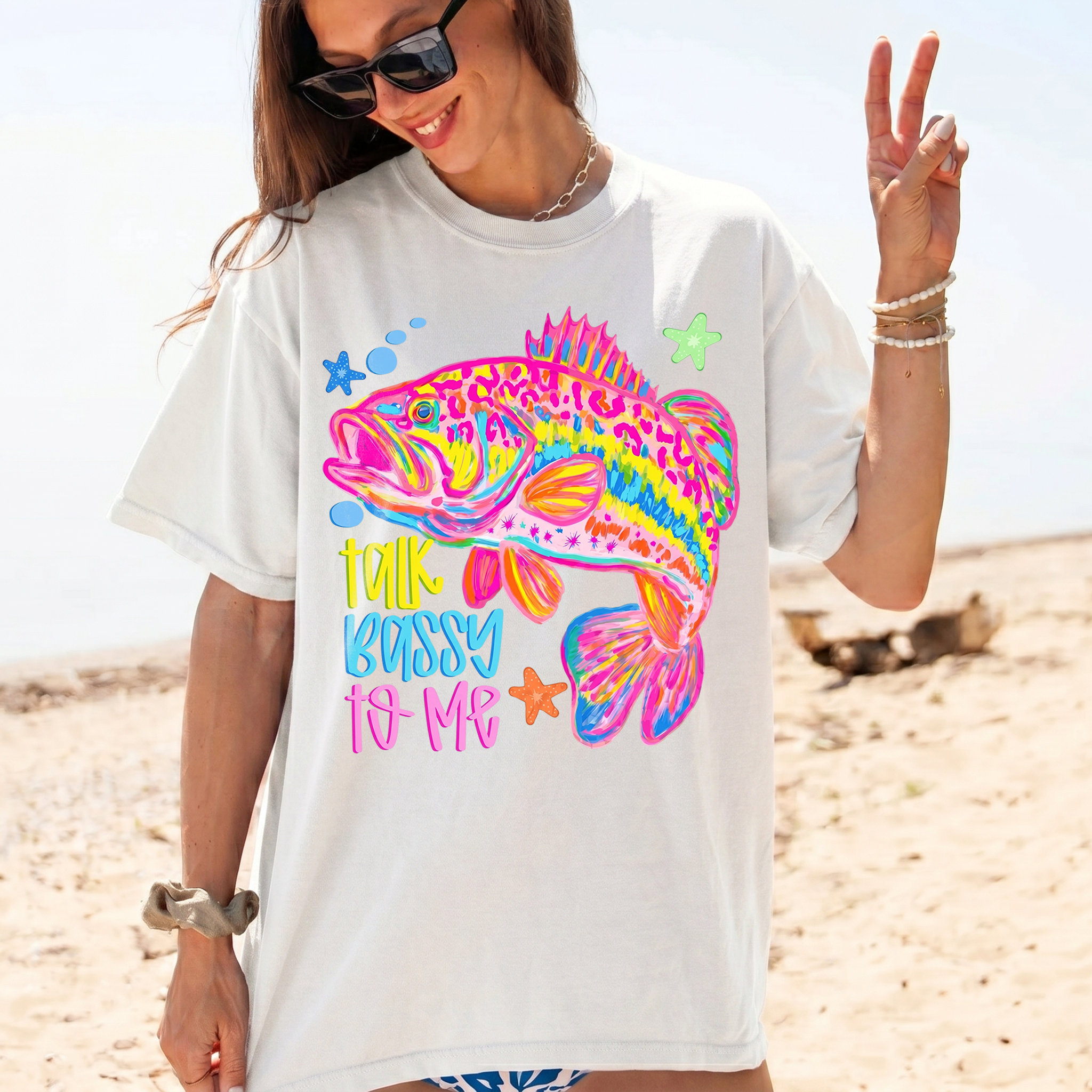 BojjiCo Talk Bassy To Me Meme Bass Fishing Shirt Neon Bass Fish Sublimation Tee Funny Fishing Graphic Beach Vacation T-Shirt Preppy Colorful Fish T-Shirt Design Trendy Fishing Oversized Top