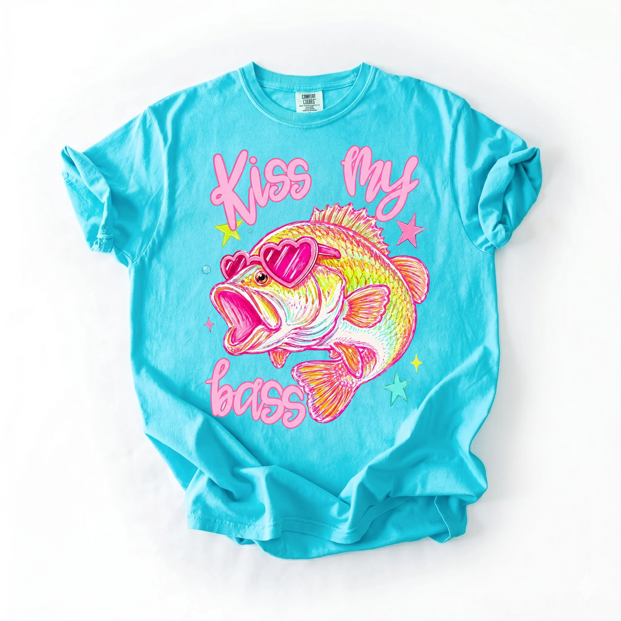 BojjiCo Kiss My Bass Graphic T-Shirt Unisex Y2K Preppy Retro Coquette Aesthetic Light Blue Cotton Blend Tee Pink Heart Sunglasses Fish Design Vintage Style Fisher Apparel Birthday Gift For Anglers Summer Outdoors Vacation Wear