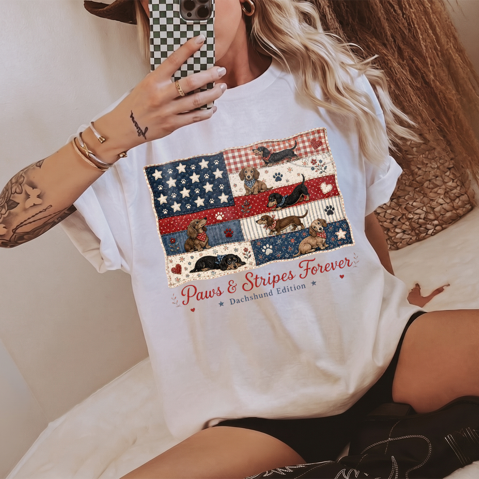 BojjiCo Paws And Stripes Forever Dachshund Edition Graphic T-Shirt For Women And Dog Moms Patriotic Americana Preppy Aesthetic Cream Cotton Tee 4th Of July USA American Flag Wiener Dog Independence Day Summer Humor Gift Shirt
