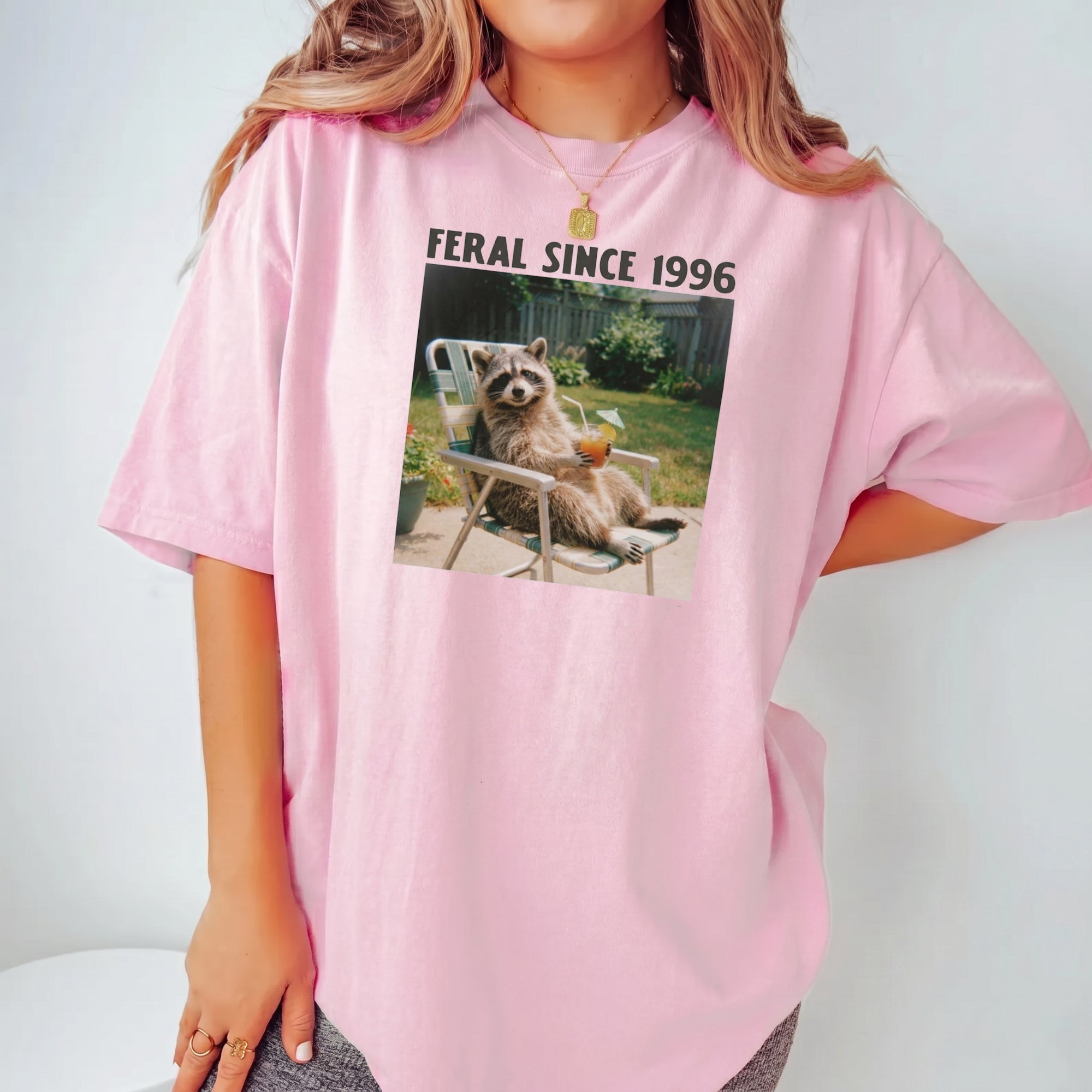 BojjiCo Funny Feral Since 1996 Raccoon Meme T-Shirt For Men Women Retro 90s Y2K Aesthetic Beige Heavyweight Cotton Oversized Tee Trash Panda Graphic Top Mental Health Humor Apparel Raccoon Trendy Gift Shirt