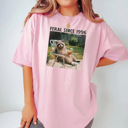 BojjiCo Funny Feral Since 1996 Raccoon Meme T-Shirt For Men Women Retro 90s Y2K Aesthetic Beige Heavyweight Cotton Oversized Tee Trash Panda Graphic Top Mental Health Humor Apparel Raccoon Trendy Gift Shirt