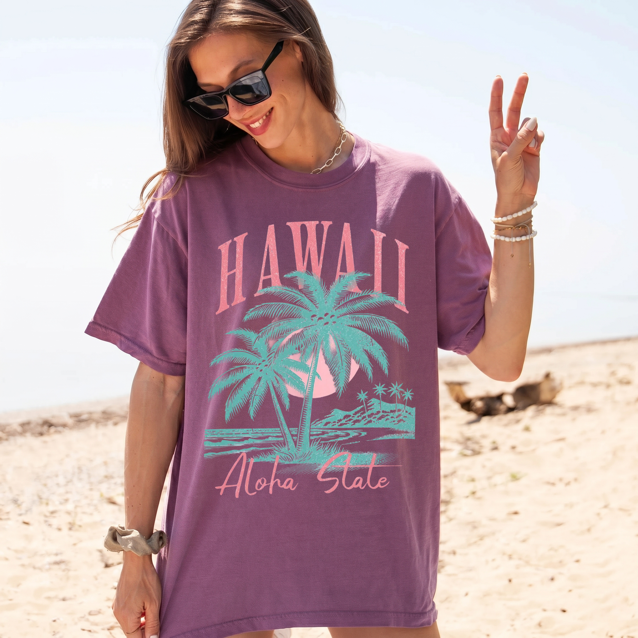 BojjiCo Hawaii Shirt Aloha State Shirt Trendy Summer Tees Retro Summer Shirt Hawaiian Shirt Cute Coconut Tree Top Beach Tee Beach Lover Gifted Graphic T-Shirt Oversized Aesthetic Pastel Top