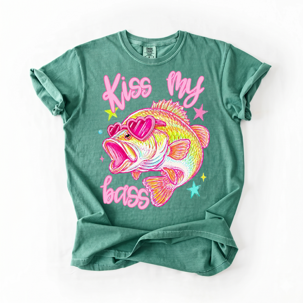 BojjiCo Kiss My Bass Graphic T-Shirt Unisex Y2K Preppy Retro Coquette Aesthetic Light Blue Cotton Blend Tee Pink Heart Sunglasses Fish Design Vintage Style Fisher Apparel Birthday Gift For Anglers Summer Outdoors Vacation Wear