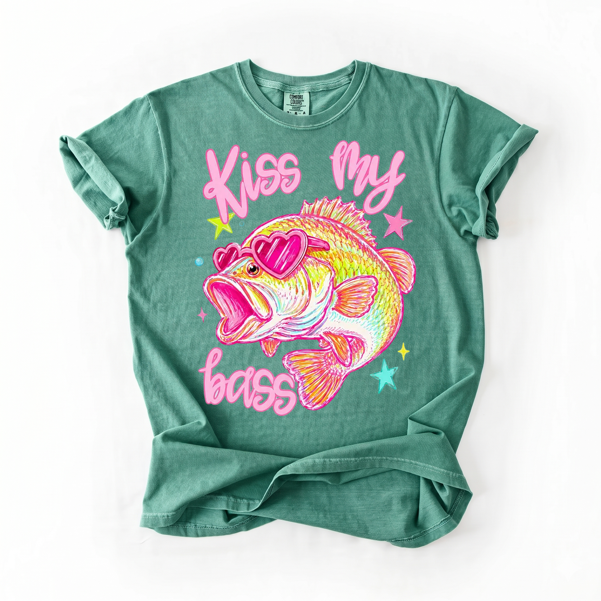 BojjiCo Kiss My Bass Graphic T-Shirt Unisex Y2K Preppy Retro Coquette Aesthetic Light Blue Cotton Blend Tee Pink Heart Sunglasses Fish Design Vintage Style Fisher Apparel Birthday Gift For Anglers Summer Outdoors Vacation Wear