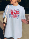 BojjiCo She's From Texas I Can Tell Graphic T-Shirt For Women Western Cowgirl Coquette Aesthetic Southern Pride Light Blue Cotton Tee Country Music Concert Outfit Rodeo Tops Retro Texas Girl Hometown Vibes Apparel Summer
