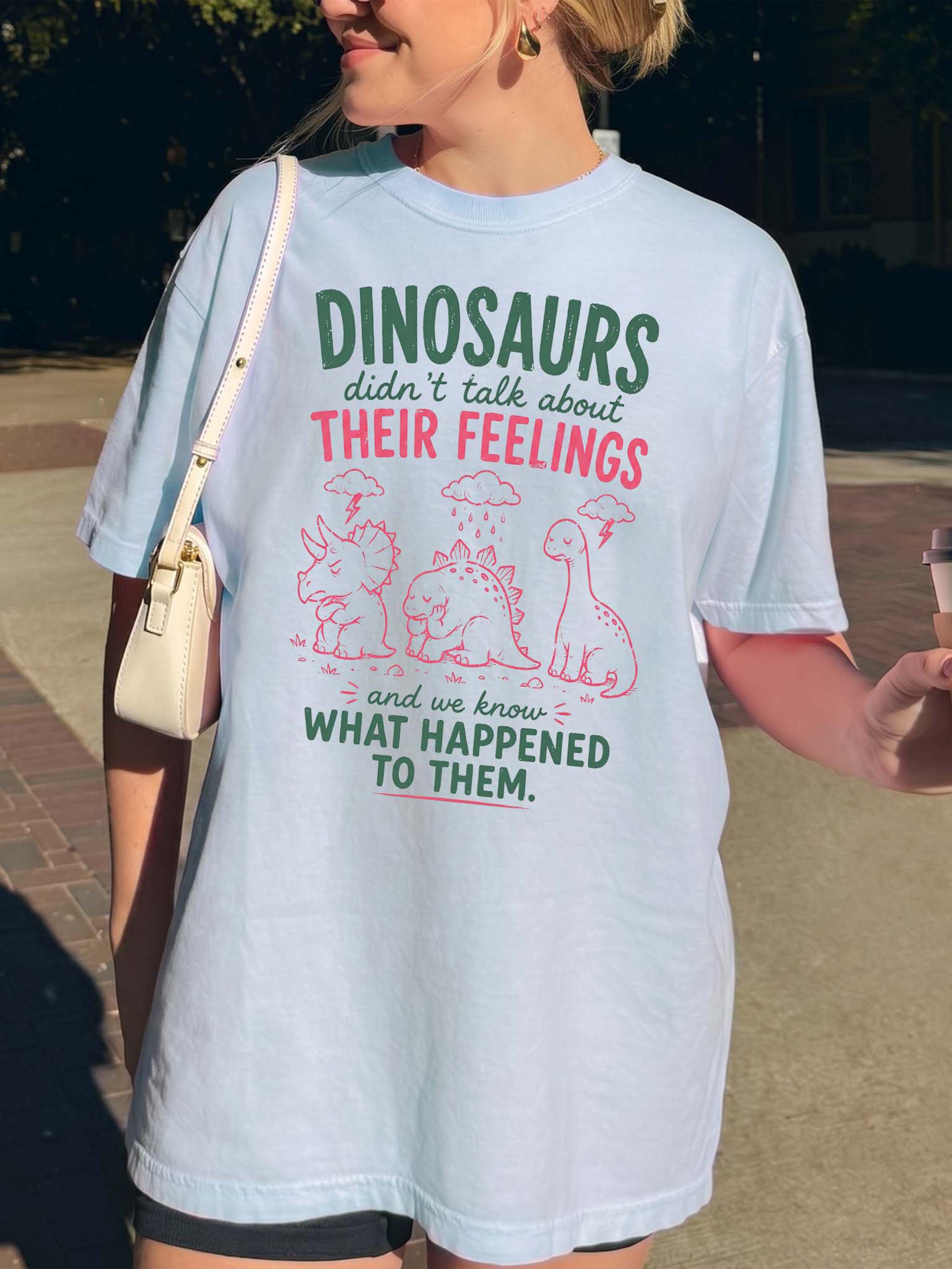 BojjiCo Funny Dinosaurs Didn't Talk About Their Feelings Graphic Tee Oversized T-Shirt for Women Men Retro Mental Health Awareness Mint Green Cotton School Counselor Shirt Social Worker Therapist Back to School Top