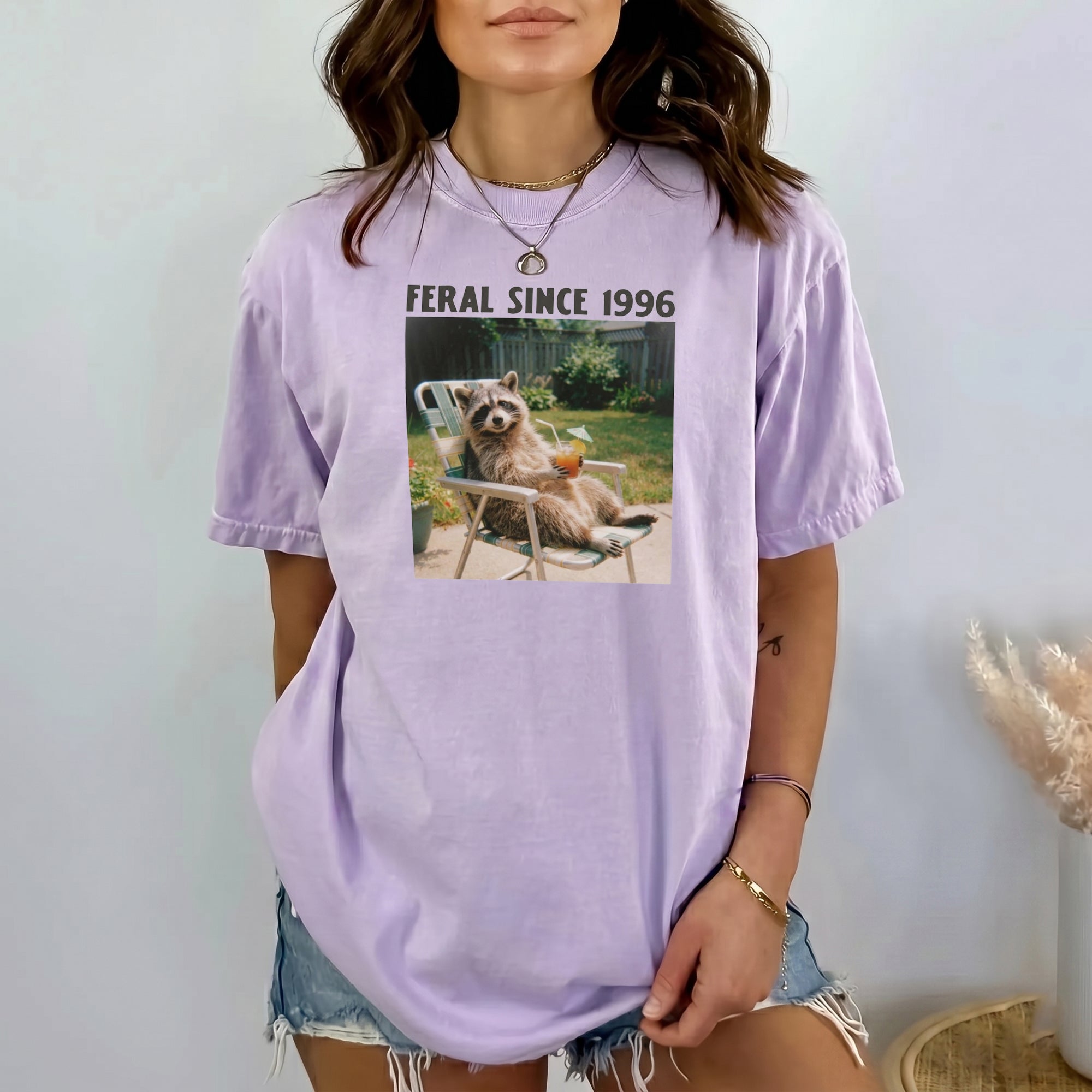 BojjiCo Funny Feral Since 1996 Raccoon Meme T-Shirt For Men Women Retro 90s Y2K Aesthetic Beige Heavyweight Cotton Oversized Tee Trash Panda Graphic Top Mental Health Humor Apparel Raccoon Trendy Gift Shirt
