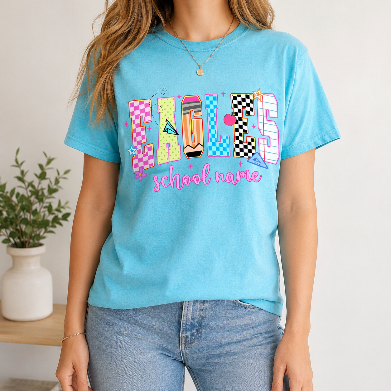 Bojjico Custom School Mascot Graphic T-Shirt For Teachers Students Preppy Y2K Retro Back To School Light Blue Cotton Tee Personalized School Name Eagles Spirit Shirt Team Game Day Outfit Cheer Mom