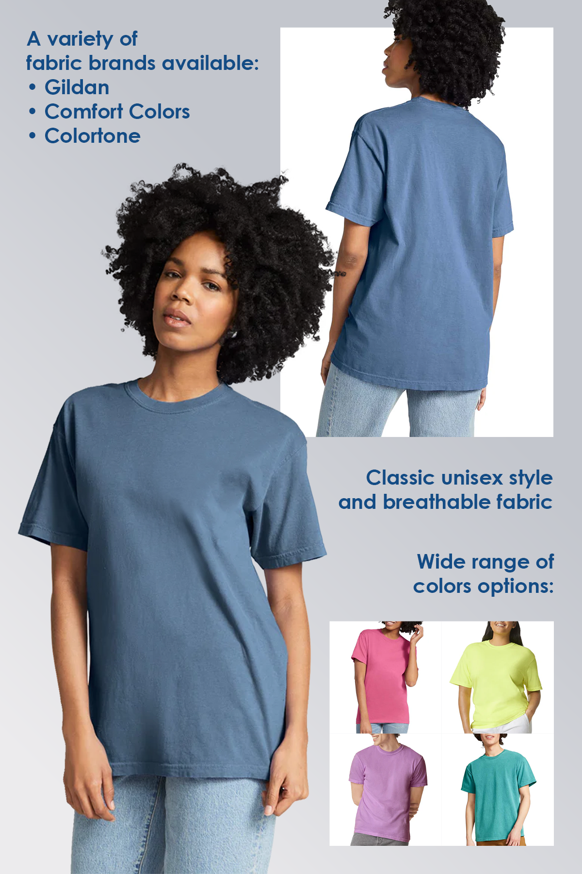 Model wearing blue cotton t-shirt, front and back views, with text listing available brands, fabric styles, and color
